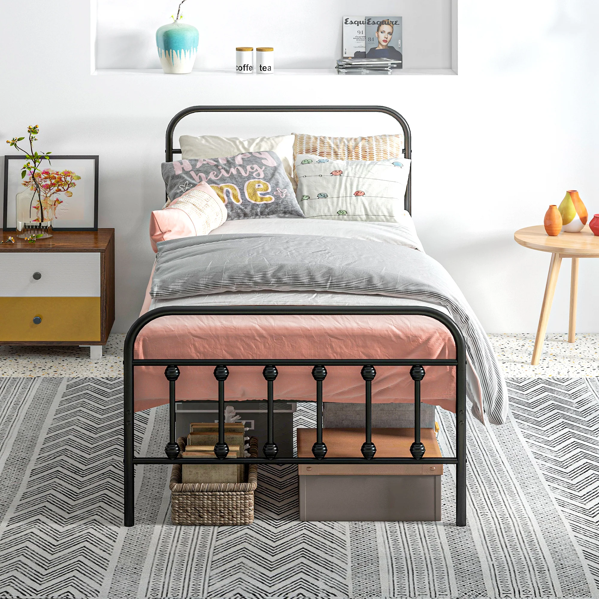 HOMCOM 3ft Metal Single Platform Bed Frame W/ Underbed Storage Headboard Black - Image 2