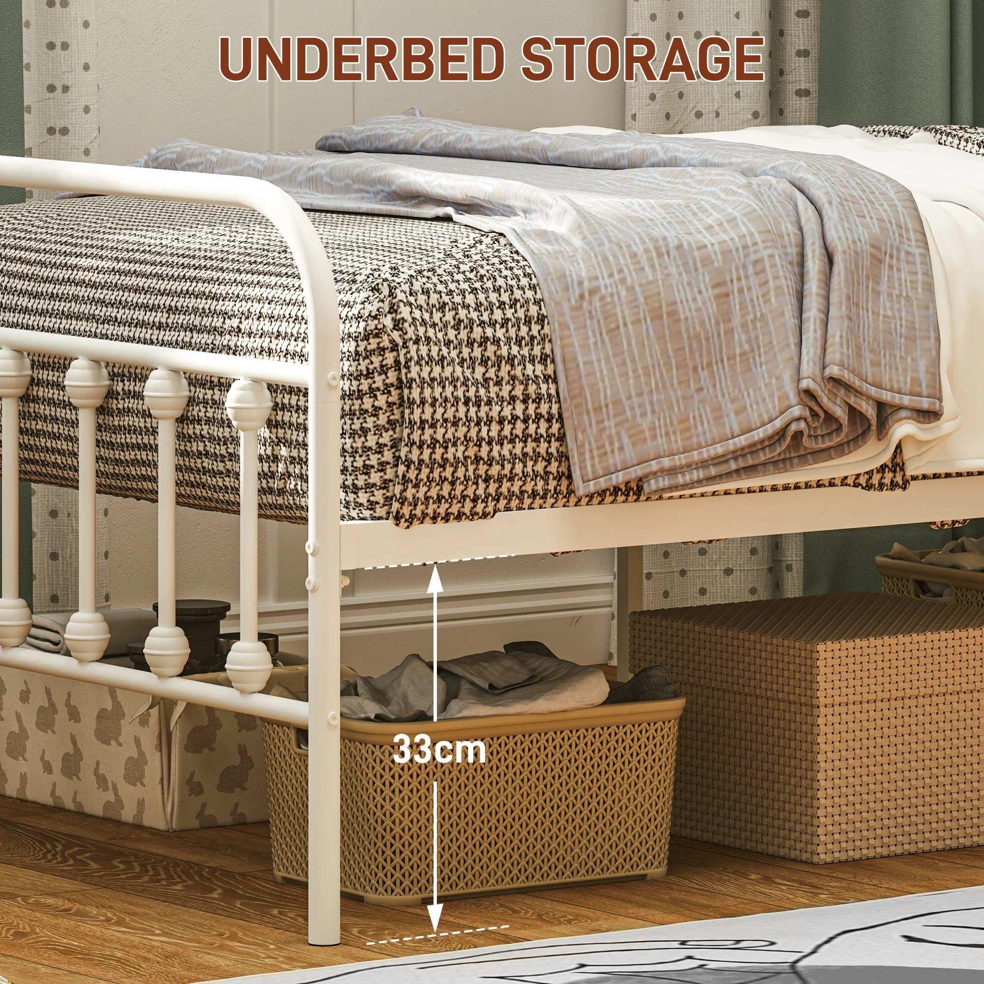 HOMCOM 3ft Metal Single Platform Bed Frame W/ Underbed Storage Headboard White - Image 4