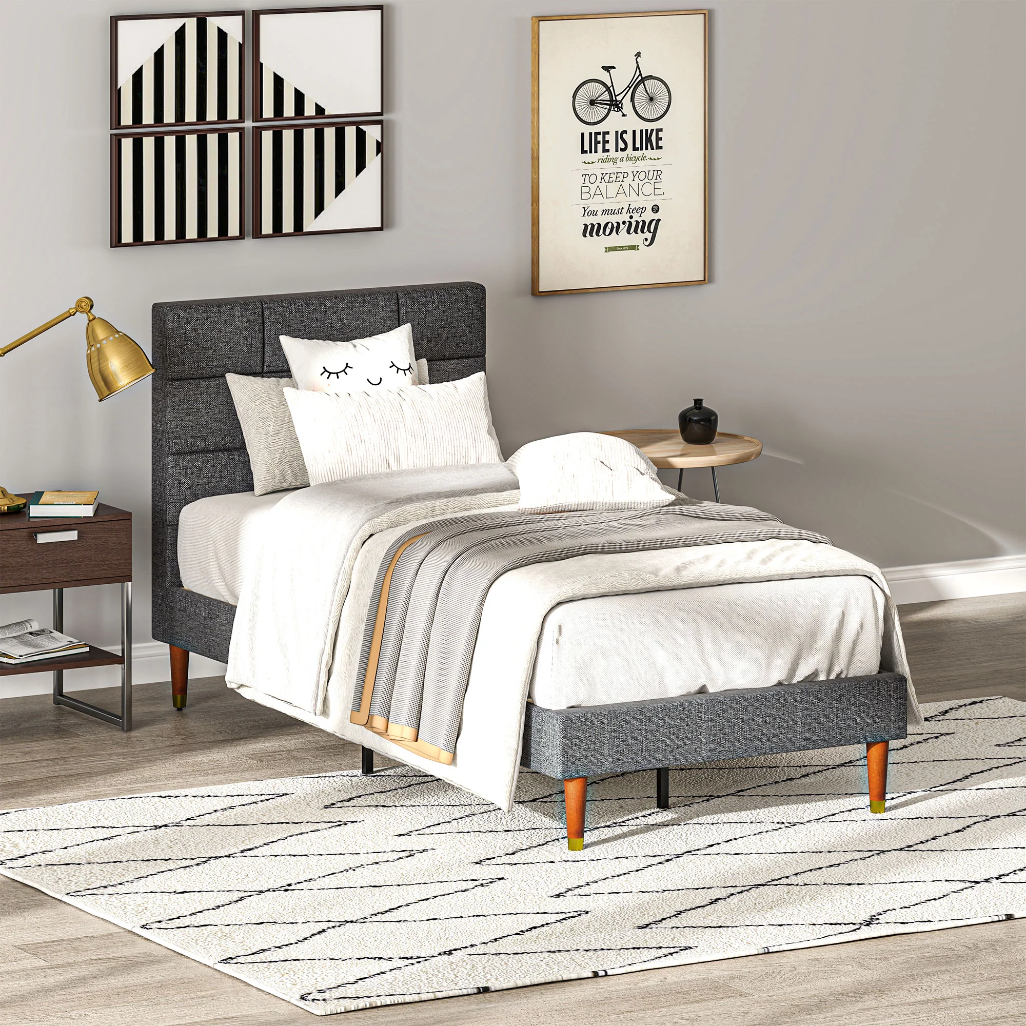 HOMCOM 3ft Upholstered Single Bed Frame W/ Wooden Slat No Box Spring Needed - Image 2