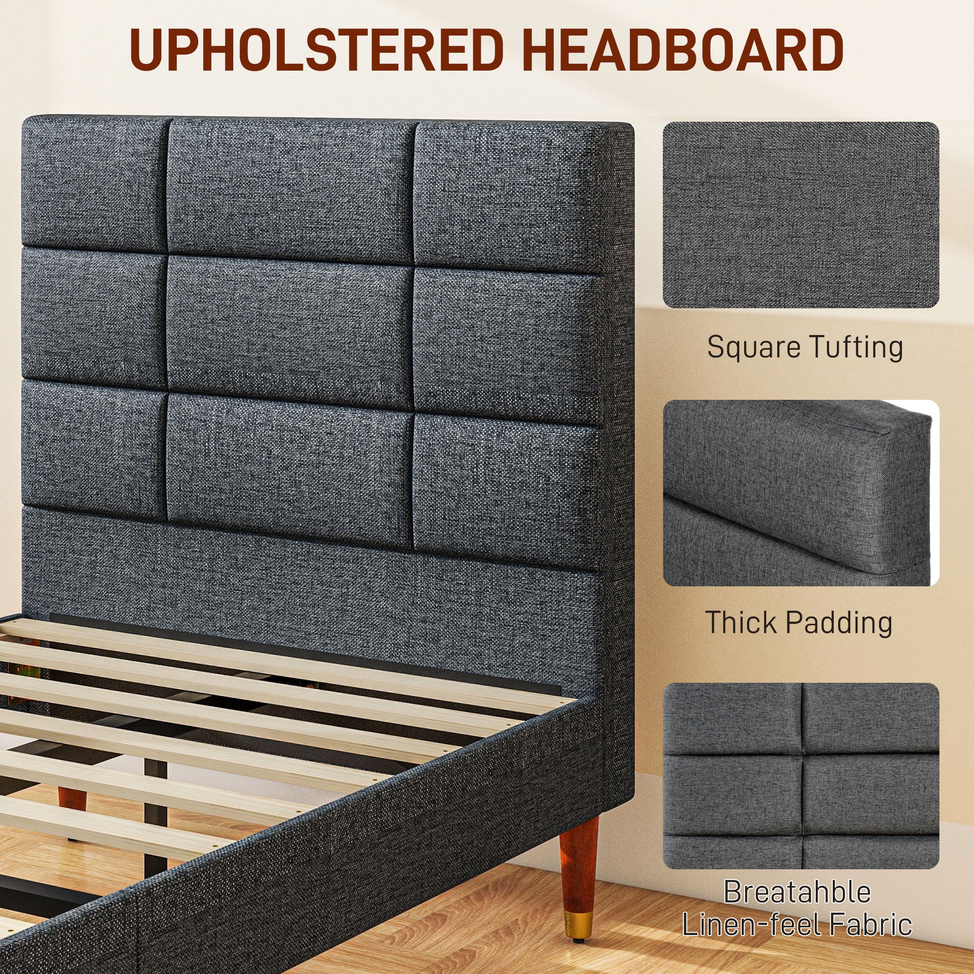 HOMCOM 3ft Upholstered Single Bed Frame W/ Wooden Slat No Box Spring Needed - Image 3
