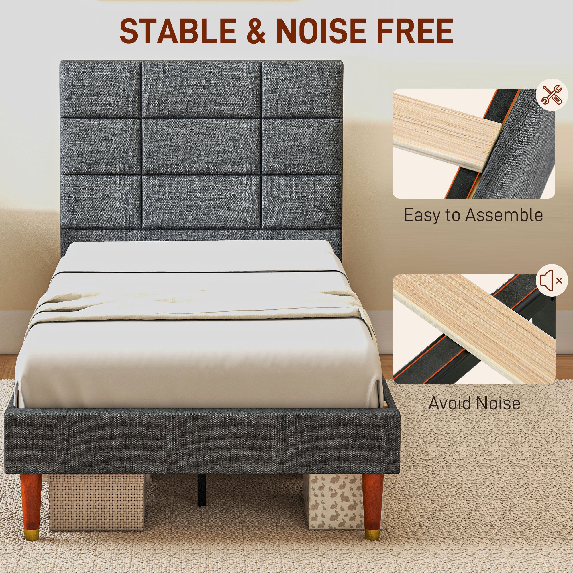 HOMCOM 3ft Upholstered Single Bed Frame W/ Wooden Slat No Box Spring Needed - Image 4