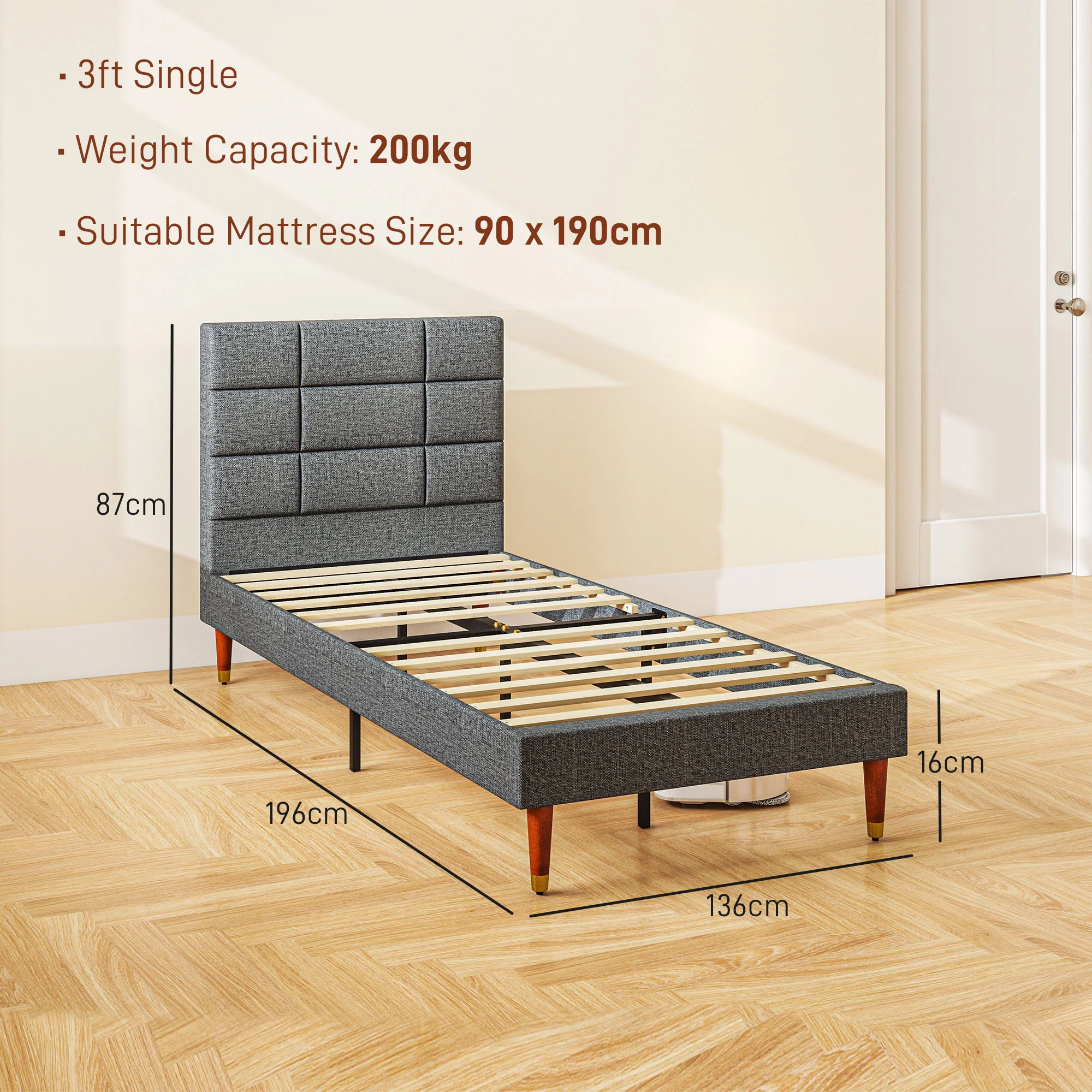 HOMCOM 3ft Upholstered Single Bed Frame W/ Wooden Slat No Box Spring Needed - Image 5