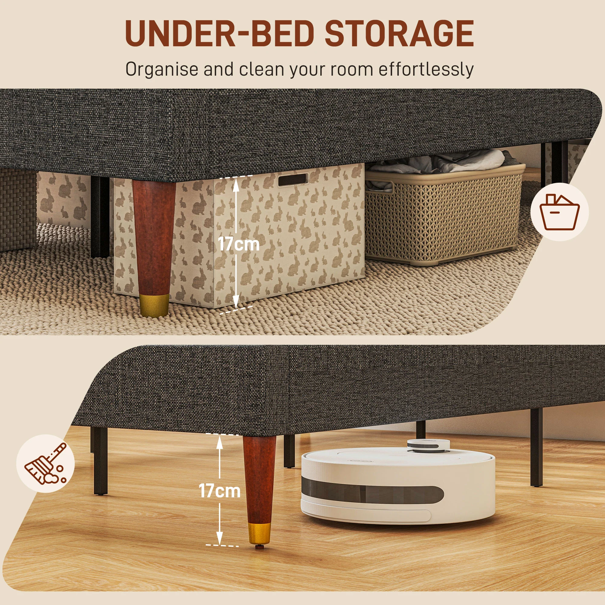 HOMCOM 3ft Upholstered Single Bed Frame W/ Wooden Slat No Box Spring Needed - Image 6