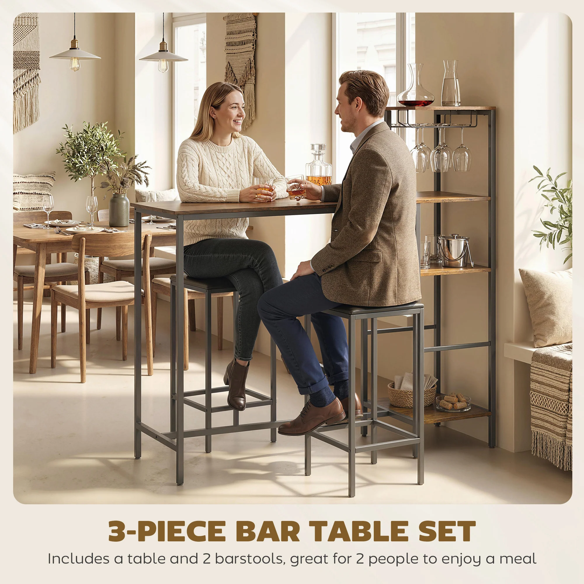 HOMCOM 3Pcs Breakfast Bar Table and Stools Set 4-tier shelving, Rustic Brown - Image 3