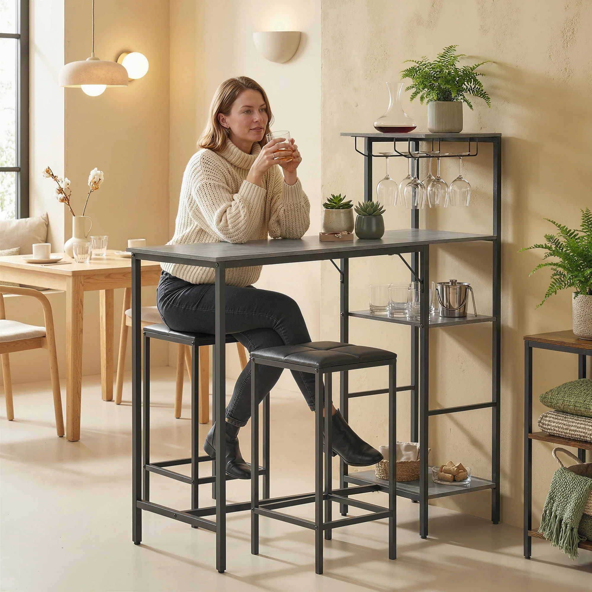 HOMCOM 3Pcs Breakfast Bar Table and Stools Set 4-tier shelving, Washed Grey - Image 2