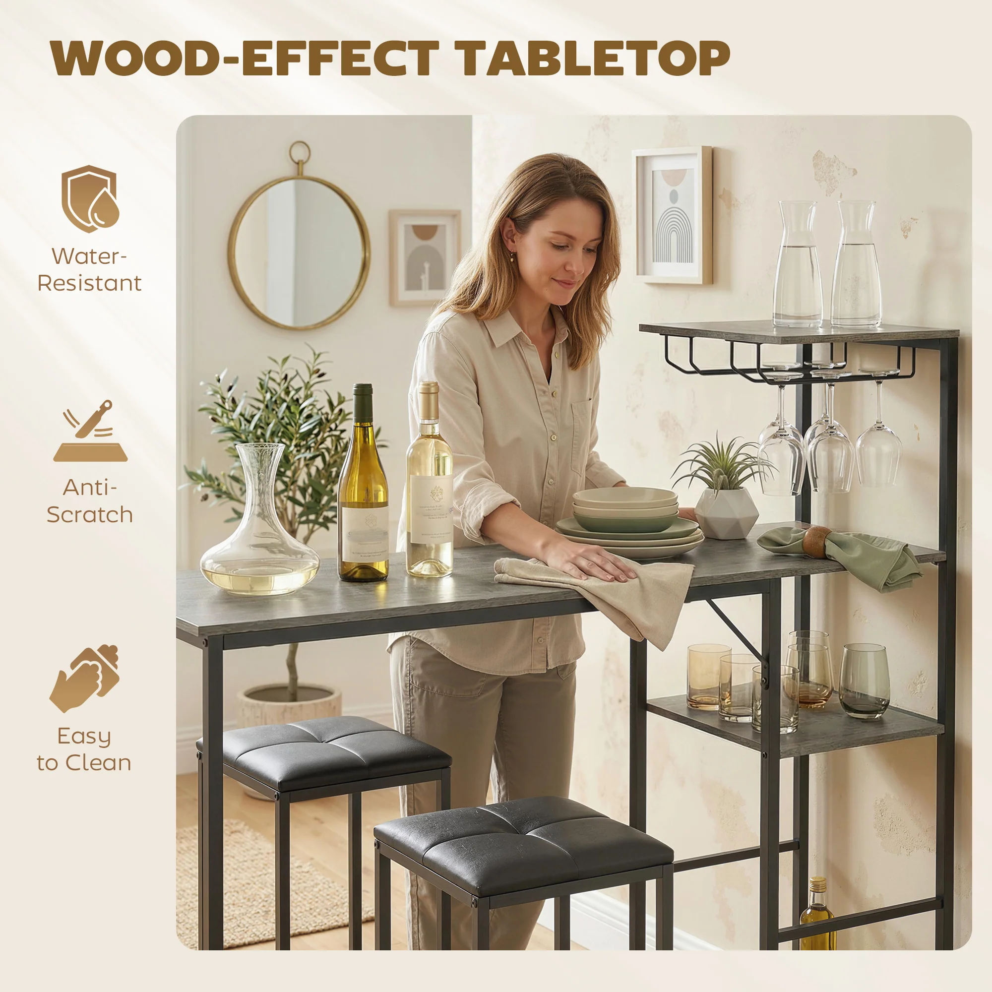 HOMCOM 3Pcs Breakfast Bar Table and Stools Set 4-tier shelving, Washed Grey - Image 7