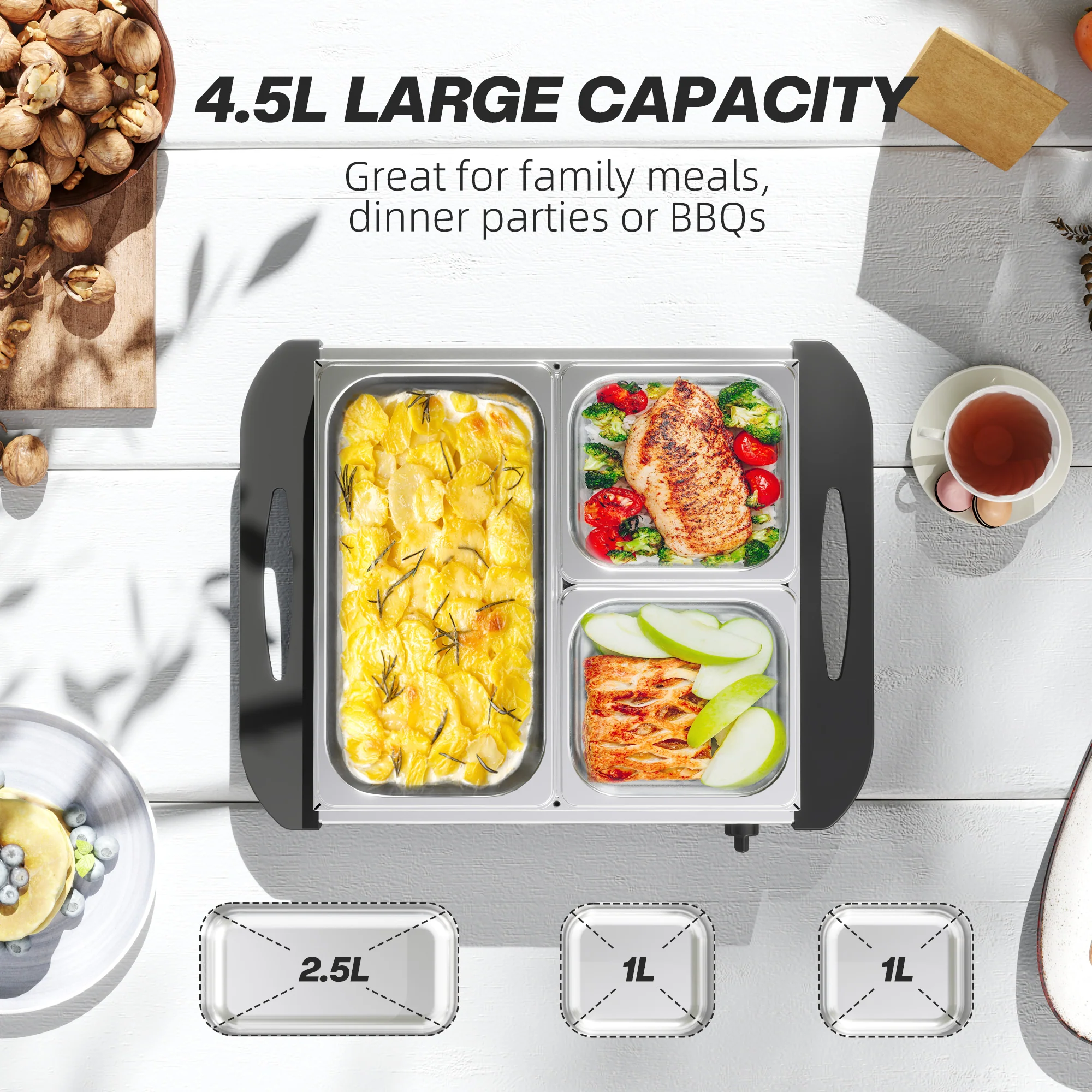 HOMCOM 4.5L Electric Food Warmer Buffet Server with Lids Cool Touch Handles - Image 3