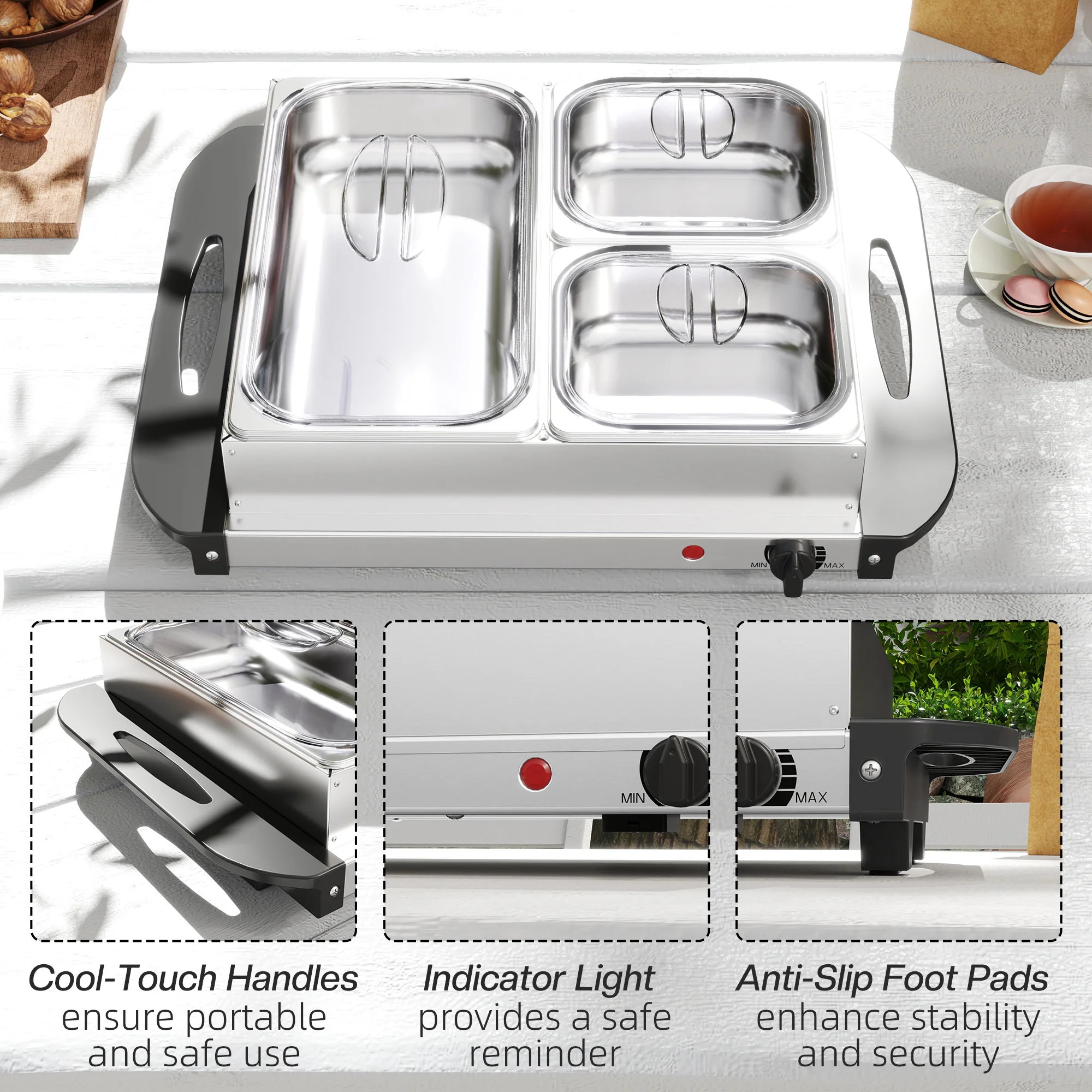 HOMCOM 4.5L Electric Food Warmer Buffet Server with Lids Cool Touch Handles - Image 7
