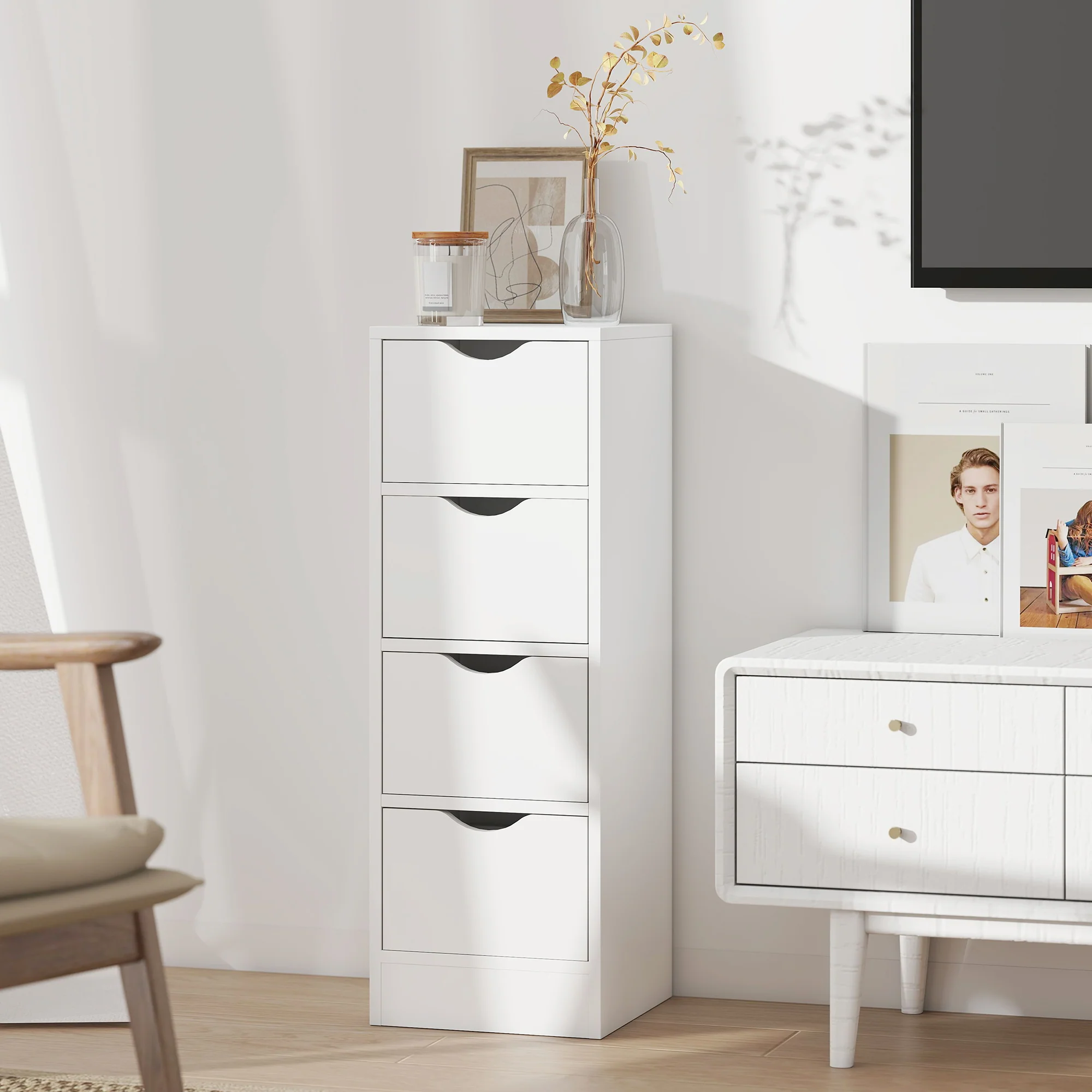 HOMCOM 4-Drawer Bathroom Cabinet, Freestanding Narrow Cabinet, White - Image 9