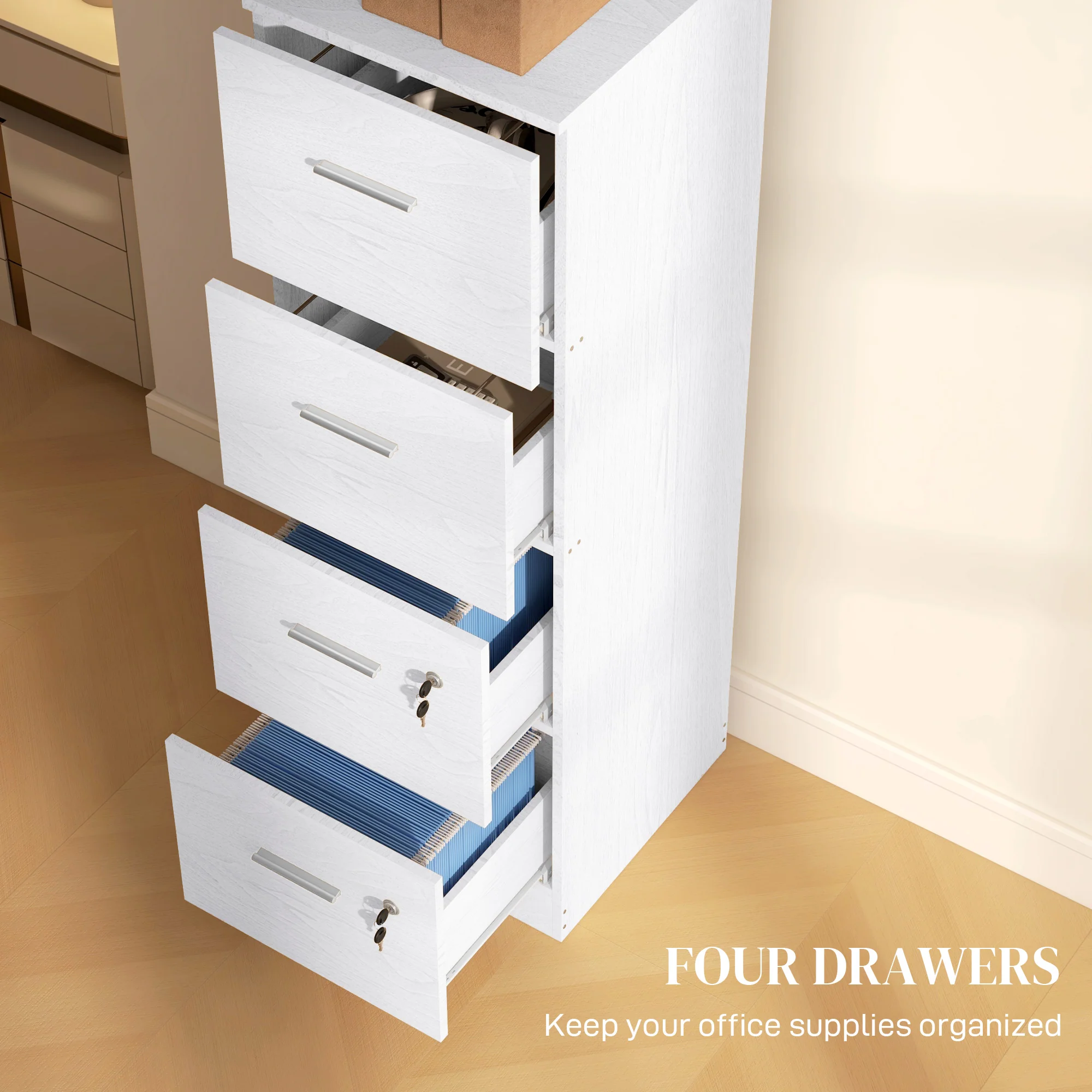 HOMCOM 4 Drawer File Cabinet Locking Filing Cabinet, Wood Effect - Image 12
