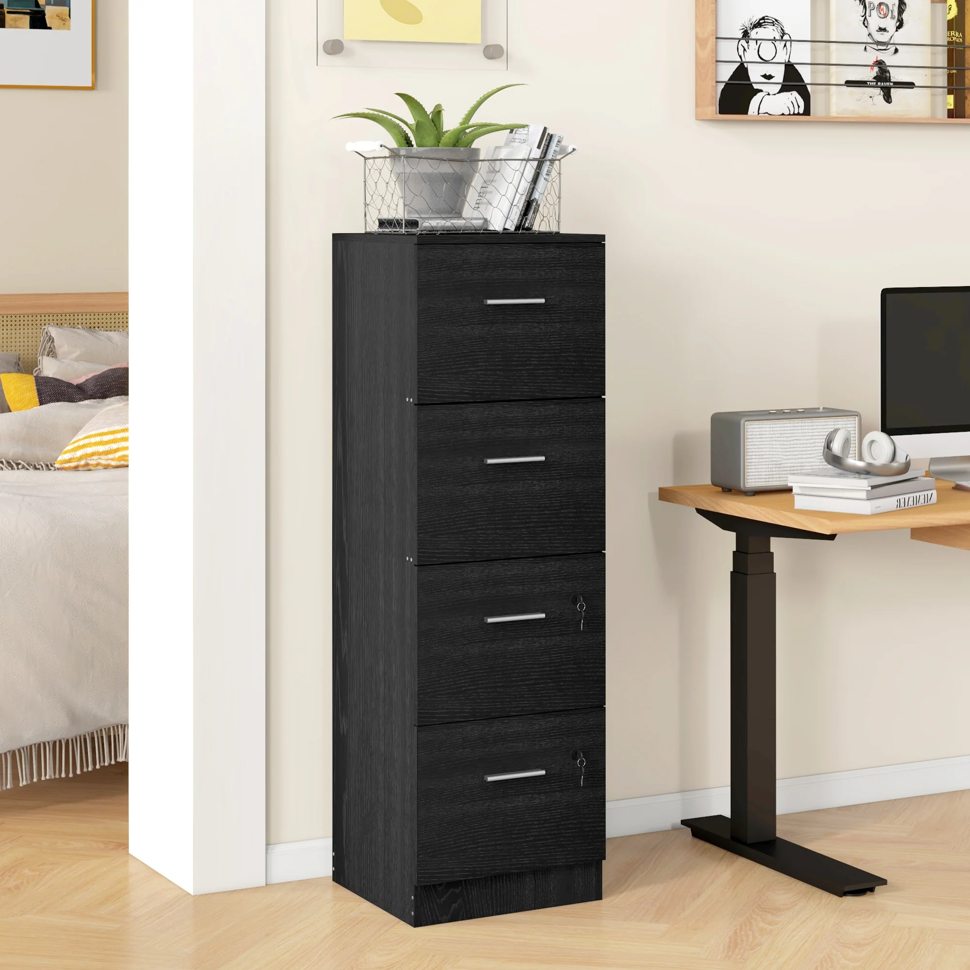 HOMCOM 4 Drawer File Cabinet Locking Filing Cabinet, Wood Effect - Image 2