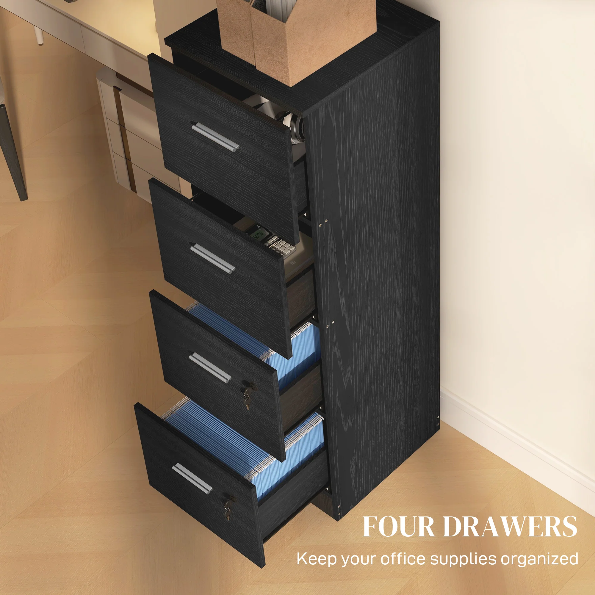 HOMCOM 4 Drawer File Cabinet Locking Filing Cabinet, Wood Effect - Image 3