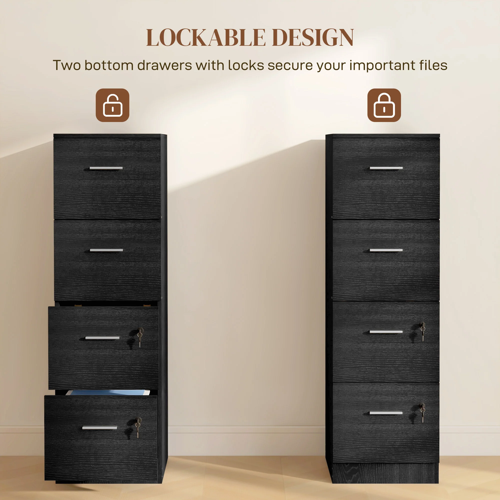 HOMCOM 4 Drawer File Cabinet Locking Filing Cabinet, Wood Effect - Image 6