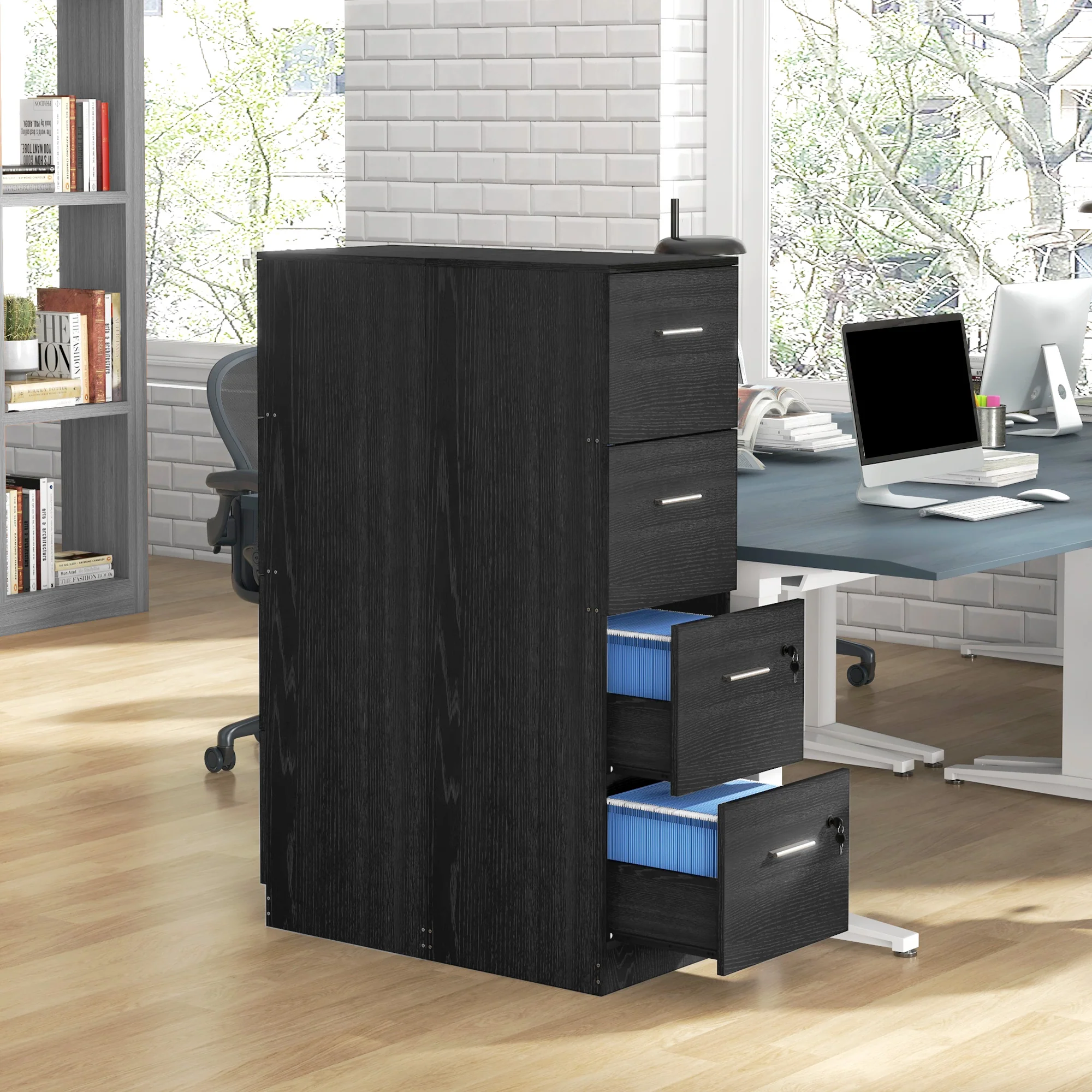 HOMCOM 4 Drawer File Cabinet Locking Filing Cabinet, Wood Effect - Image 7