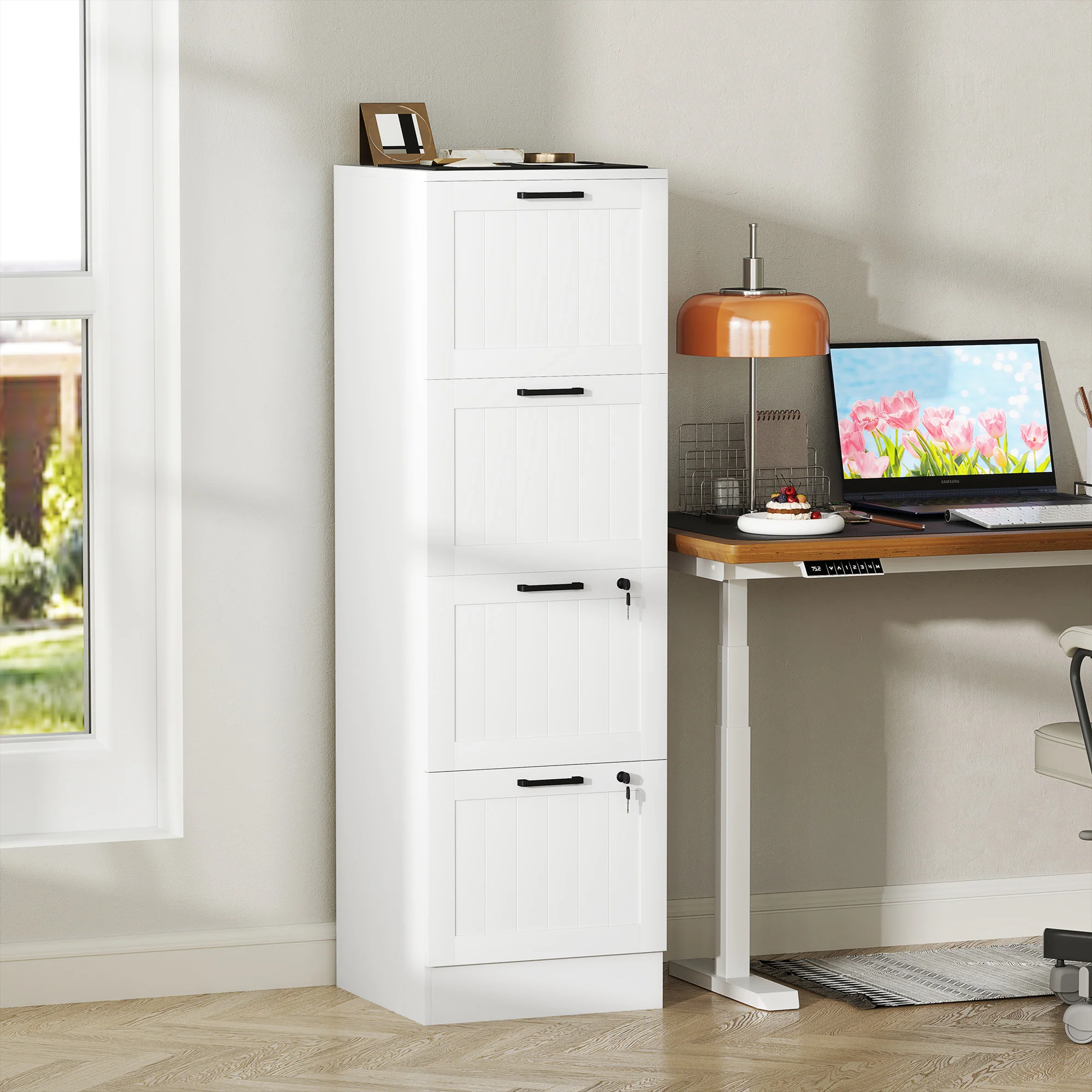 HOMCOM 4 Drawer File Cabinet with Lock and Adjustable Hanging Bars, White - Image 2