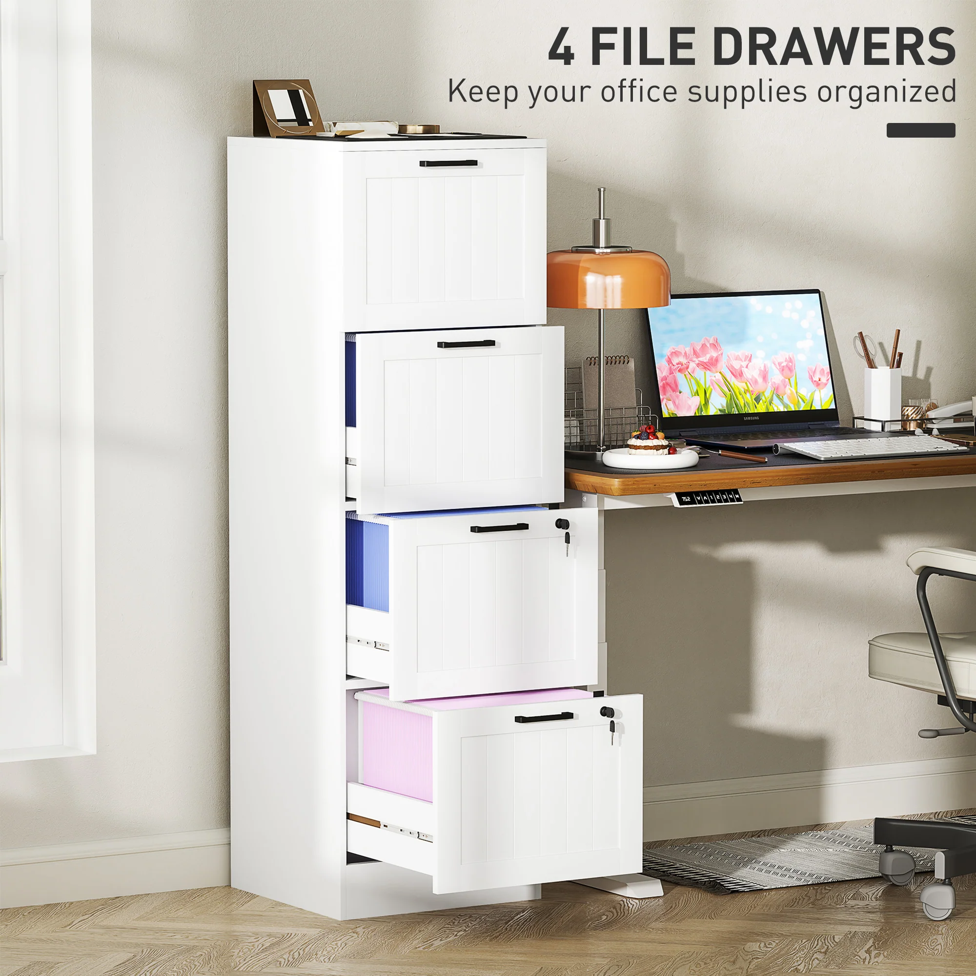 HOMCOM 4 Drawer File Cabinet with Lock and Adjustable Hanging Bars, White - Image 3