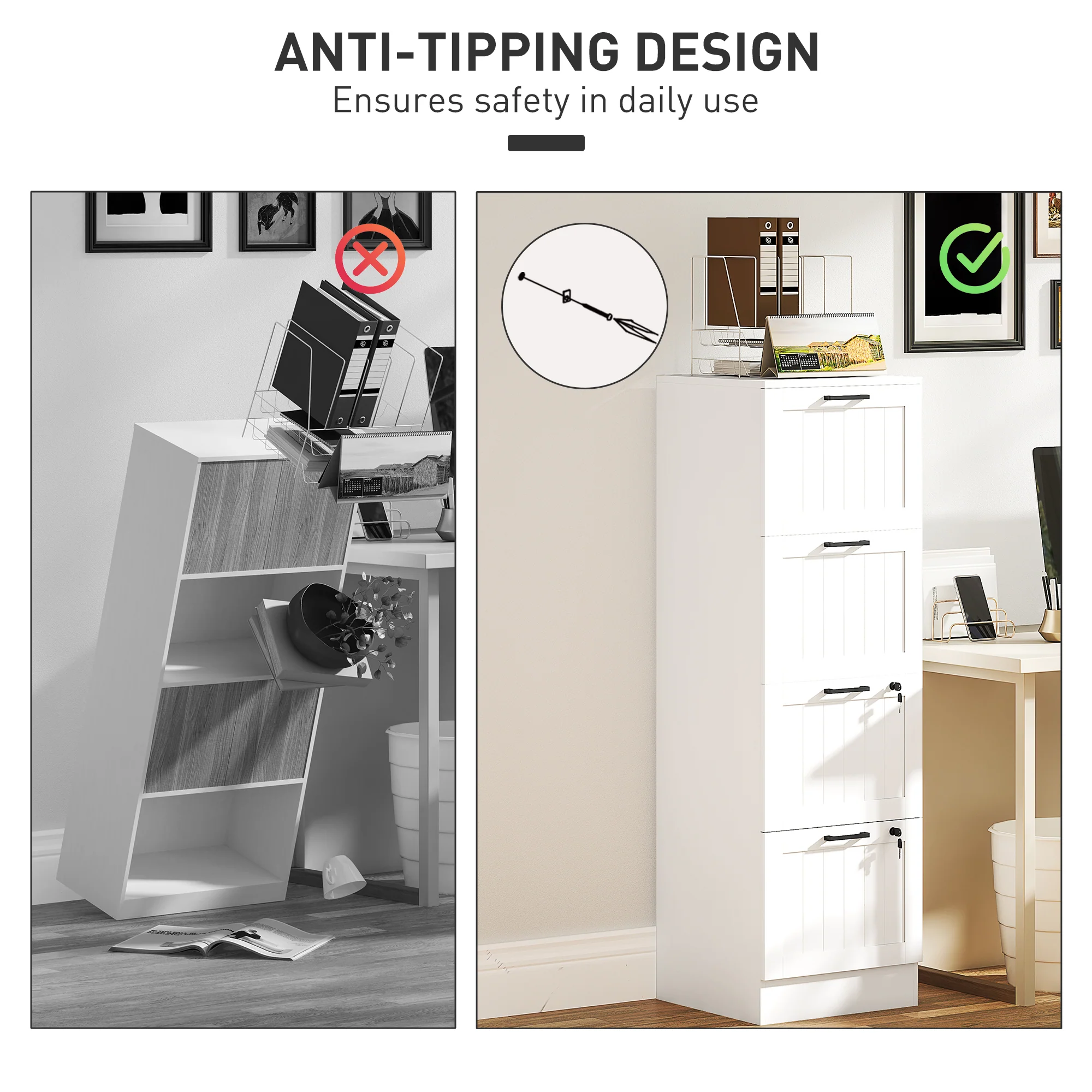 HOMCOM 4 Drawer File Cabinet with Lock and Adjustable Hanging Bars, White - Image 7