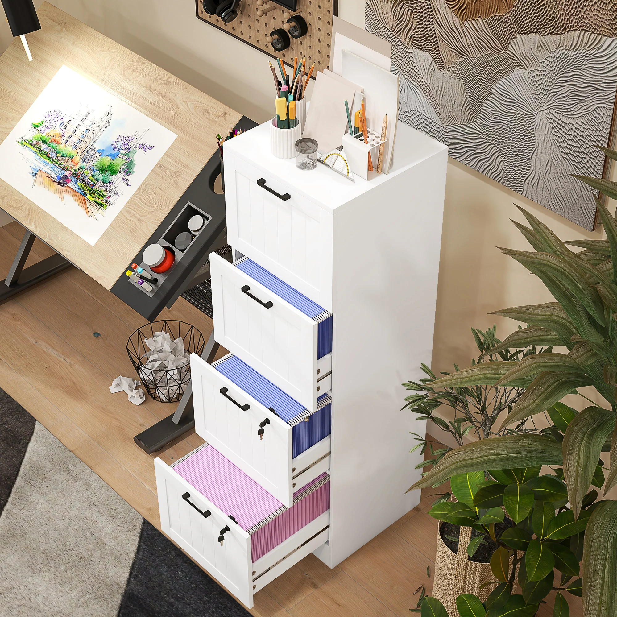 HOMCOM 4 Drawer File Cabinet with Lock and Adjustable Hanging Bars, White - Image 9