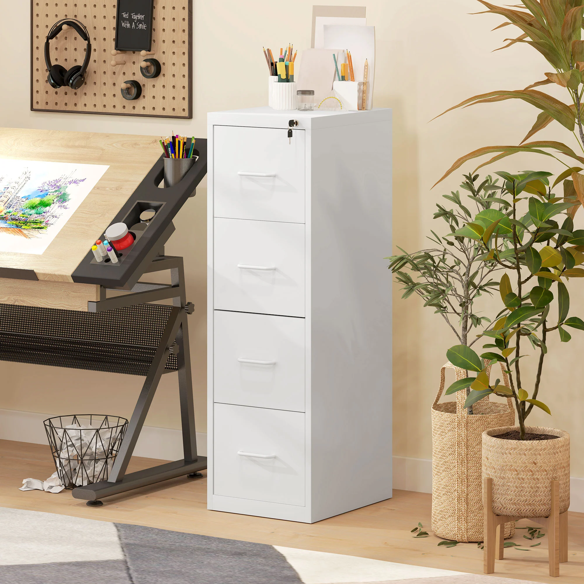 HOMCOM 4 Drawer Filing Cabinet Steel File Cabinet for A4 Letter Size White - Image 7