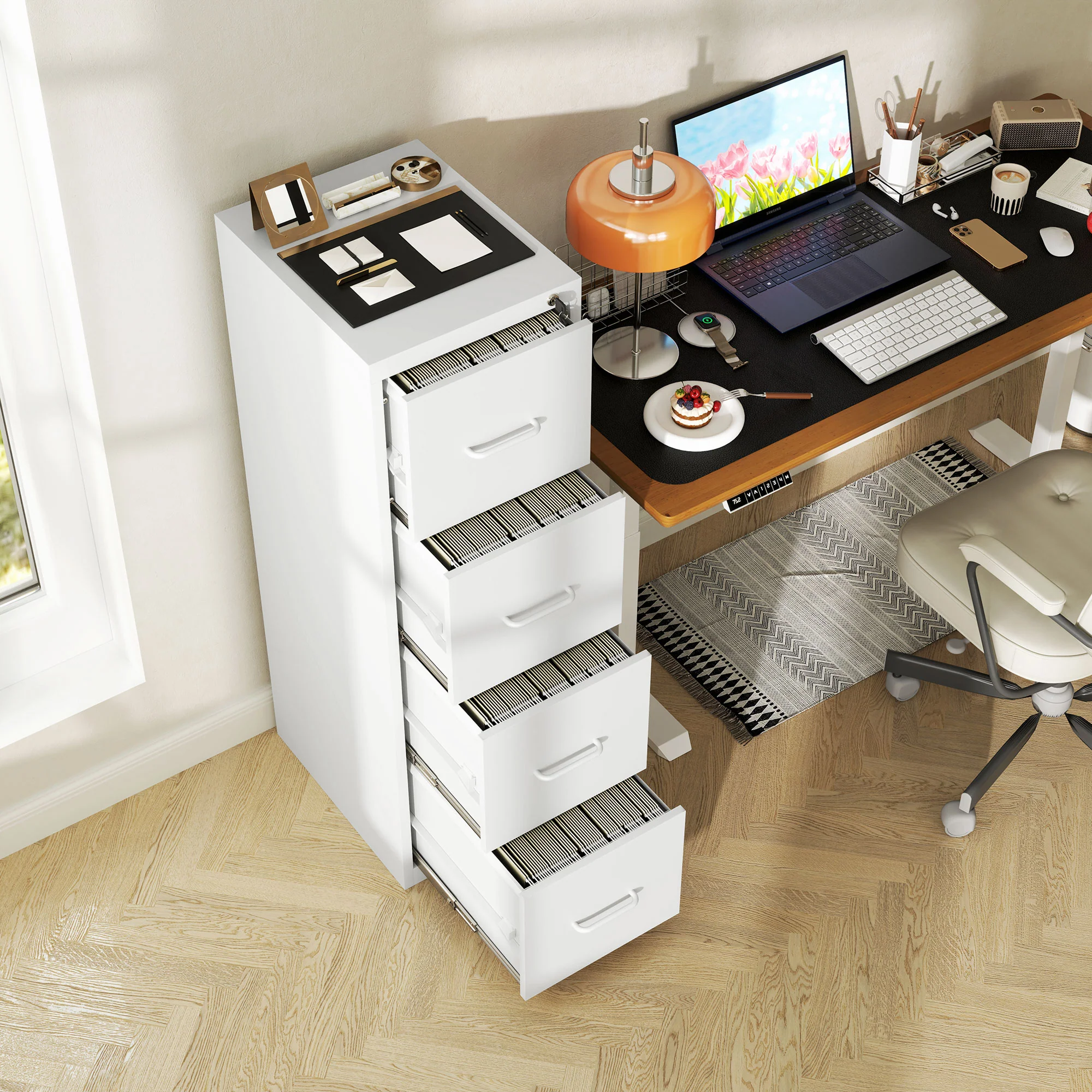 HOMCOM 4 Drawer Filing Cabinet Steel File Cabinet for A4 Letter Size White - Image 8