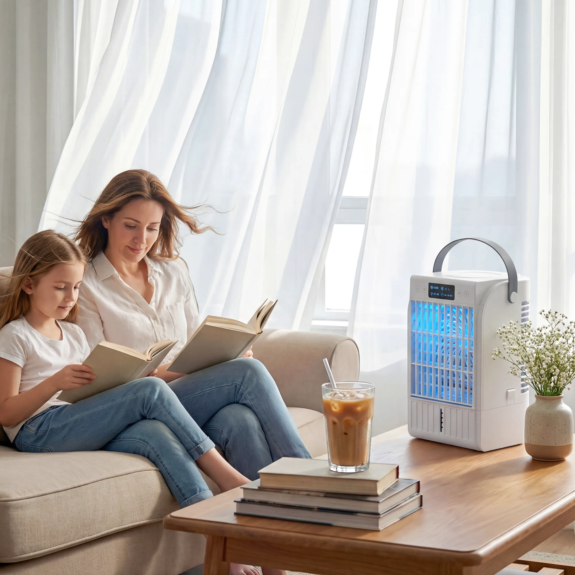 HOMCOM 4-in-1 Mini Air Cooler With RGB 7 LED Light, Cooling Fan, White - Image 2