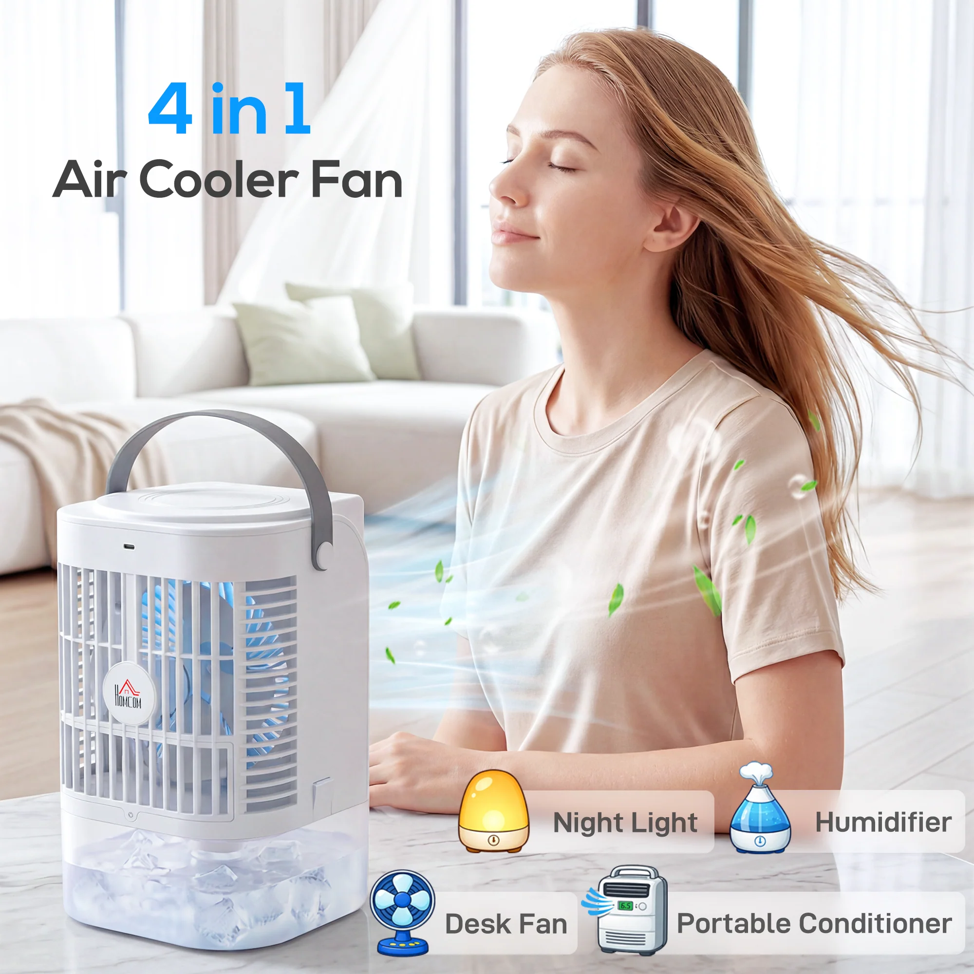 HOMCOM 4-in-1 Mini Air Cooler With RGB 7 LED Light, Cooling Fan, White - Image 3