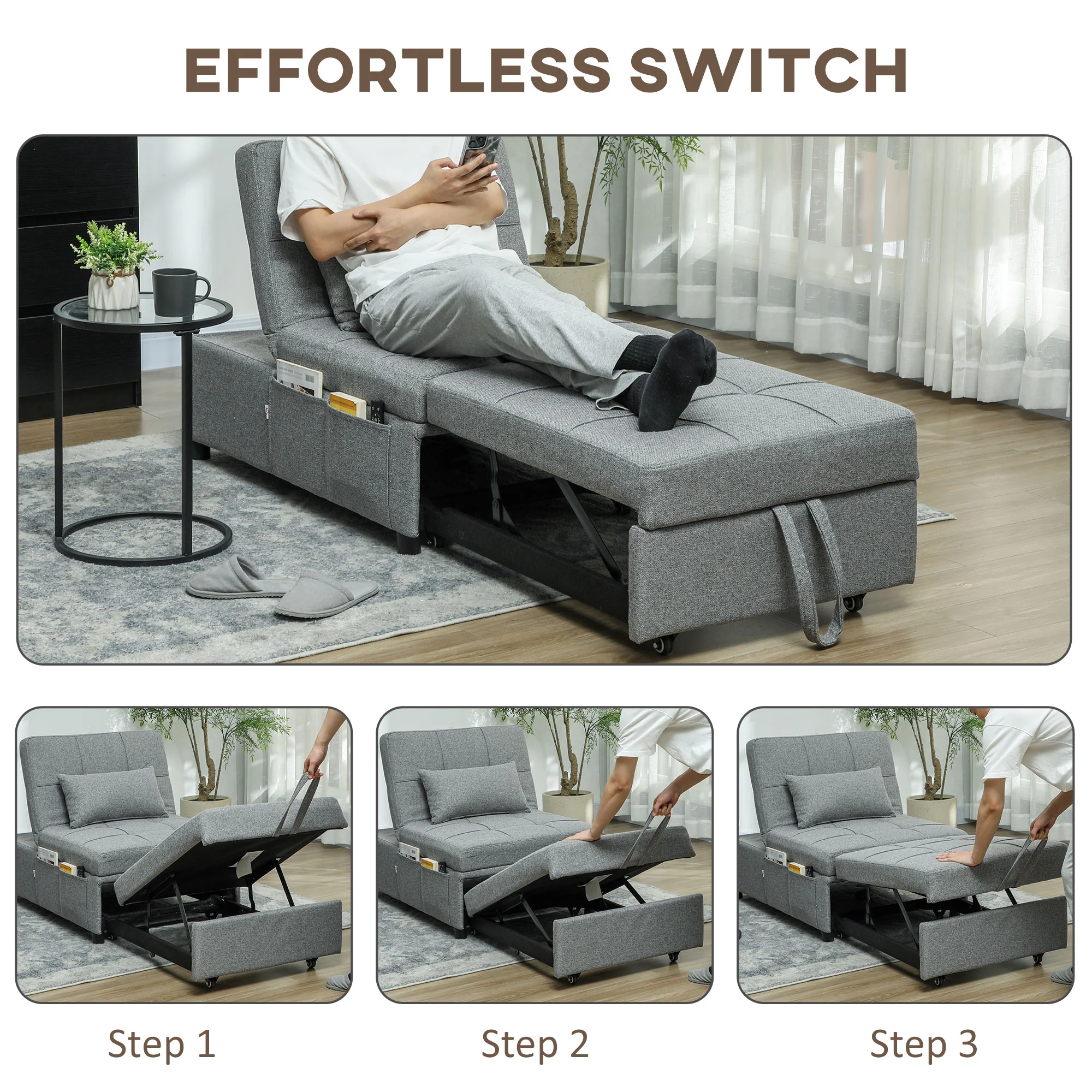 HOMCOM 4-in-1 Pull Out Sleeper Chair Bed with Pockets - Image 12