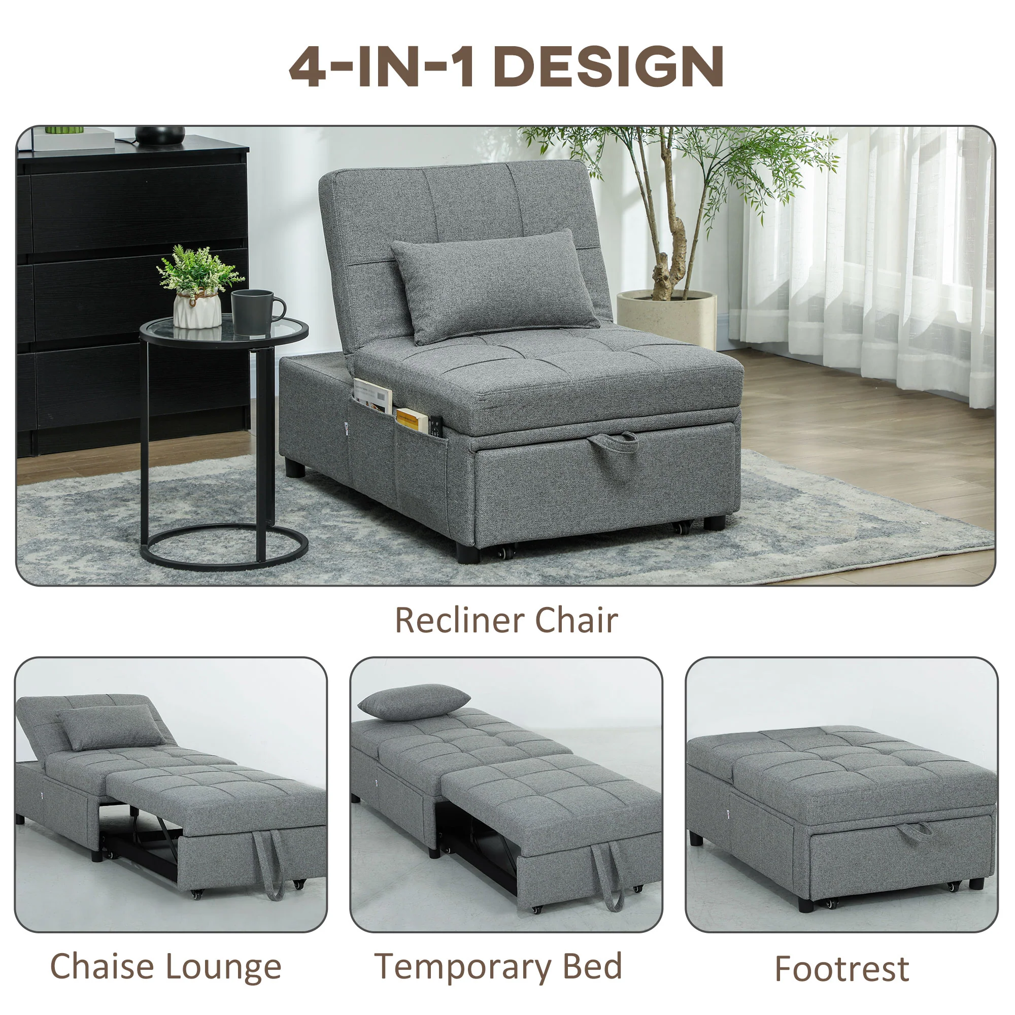 HOMCOM 4-in-1 Pull Out Sleeper Chair Bed with Pockets - Image 13