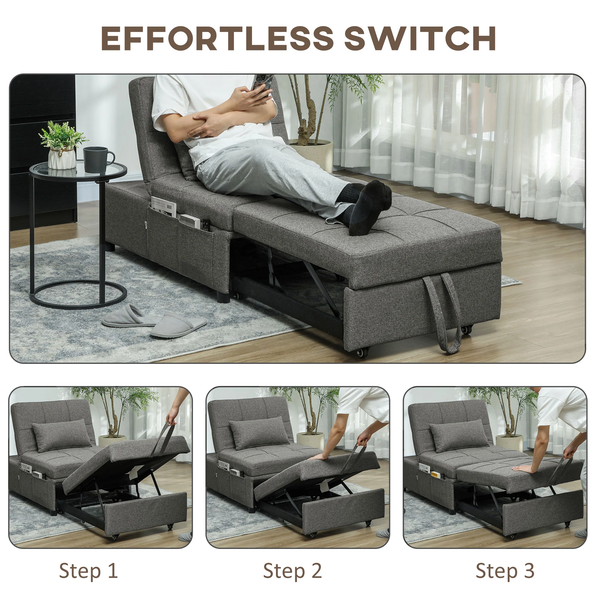 HOMCOM 4-in-1 Pull Out Sleeper Chair Bed with Pockets - Image 3