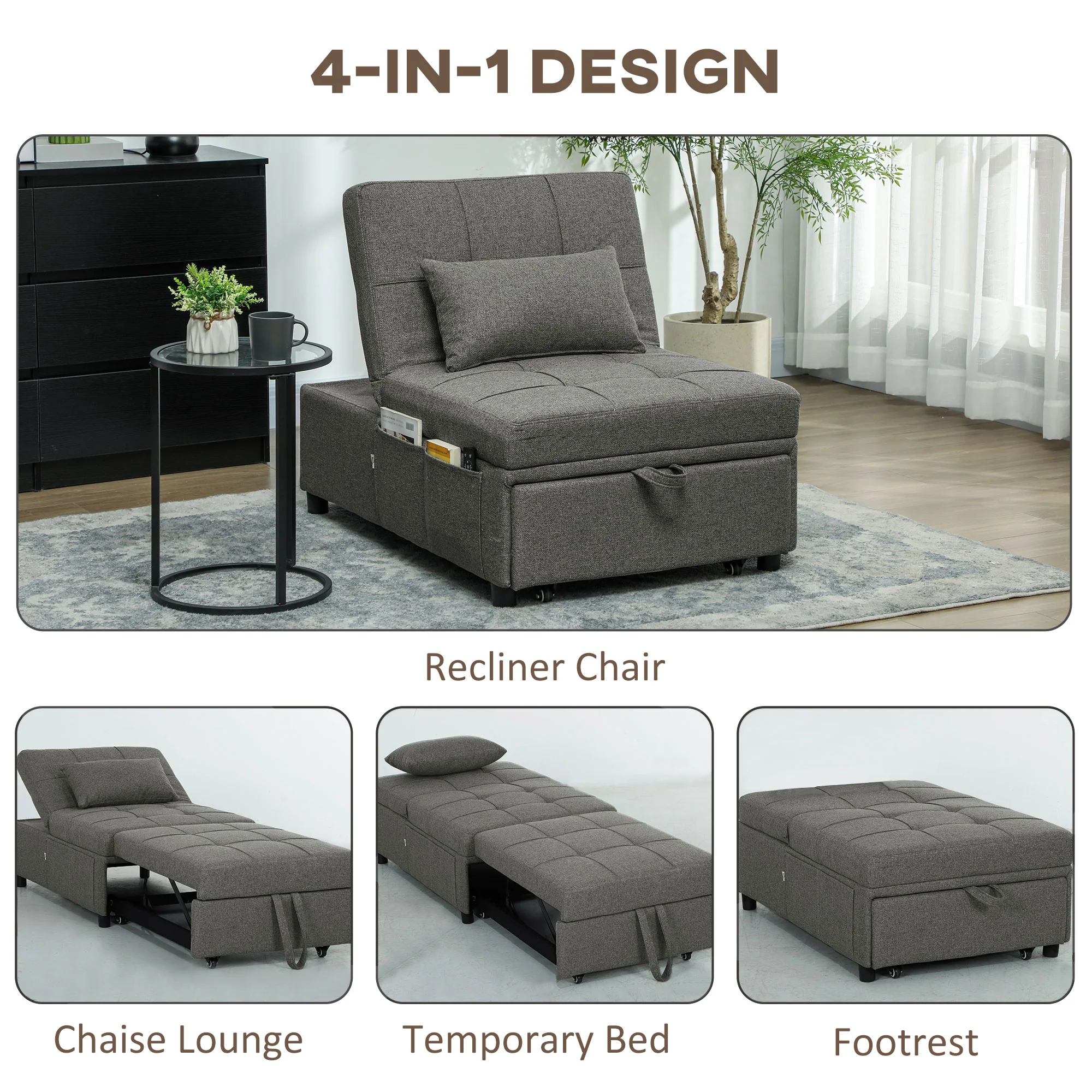 HOMCOM 4-in-1 Pull Out Sleeper Chair Bed with Pockets - Image 4