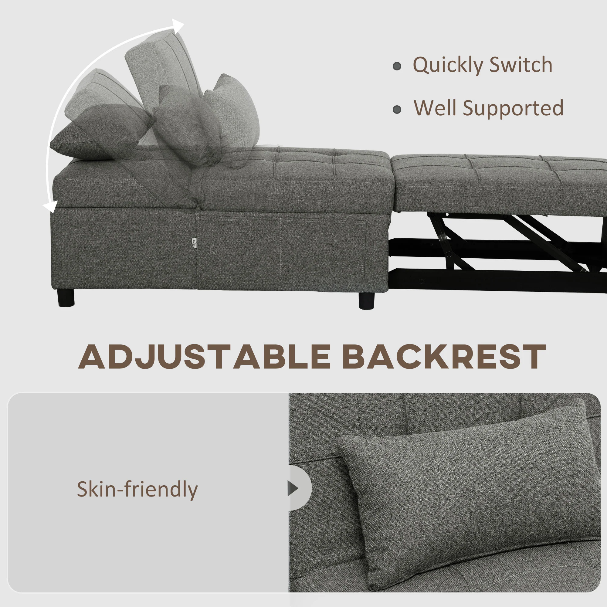 HOMCOM 4-in-1 Pull Out Sleeper Chair Bed with Pockets - Image 6