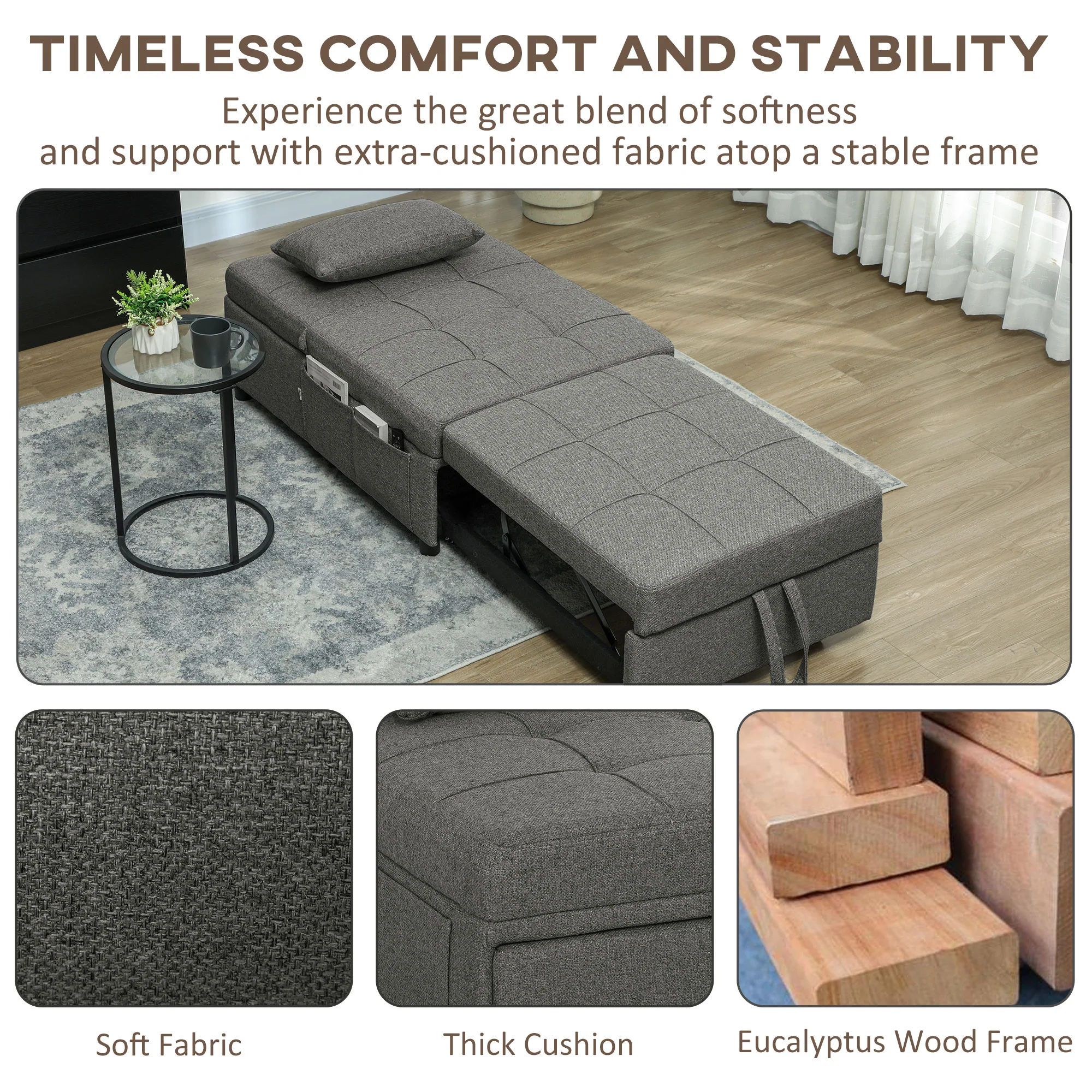 HOMCOM 4-in-1 Pull Out Sleeper Chair Bed with Pockets - Image 7