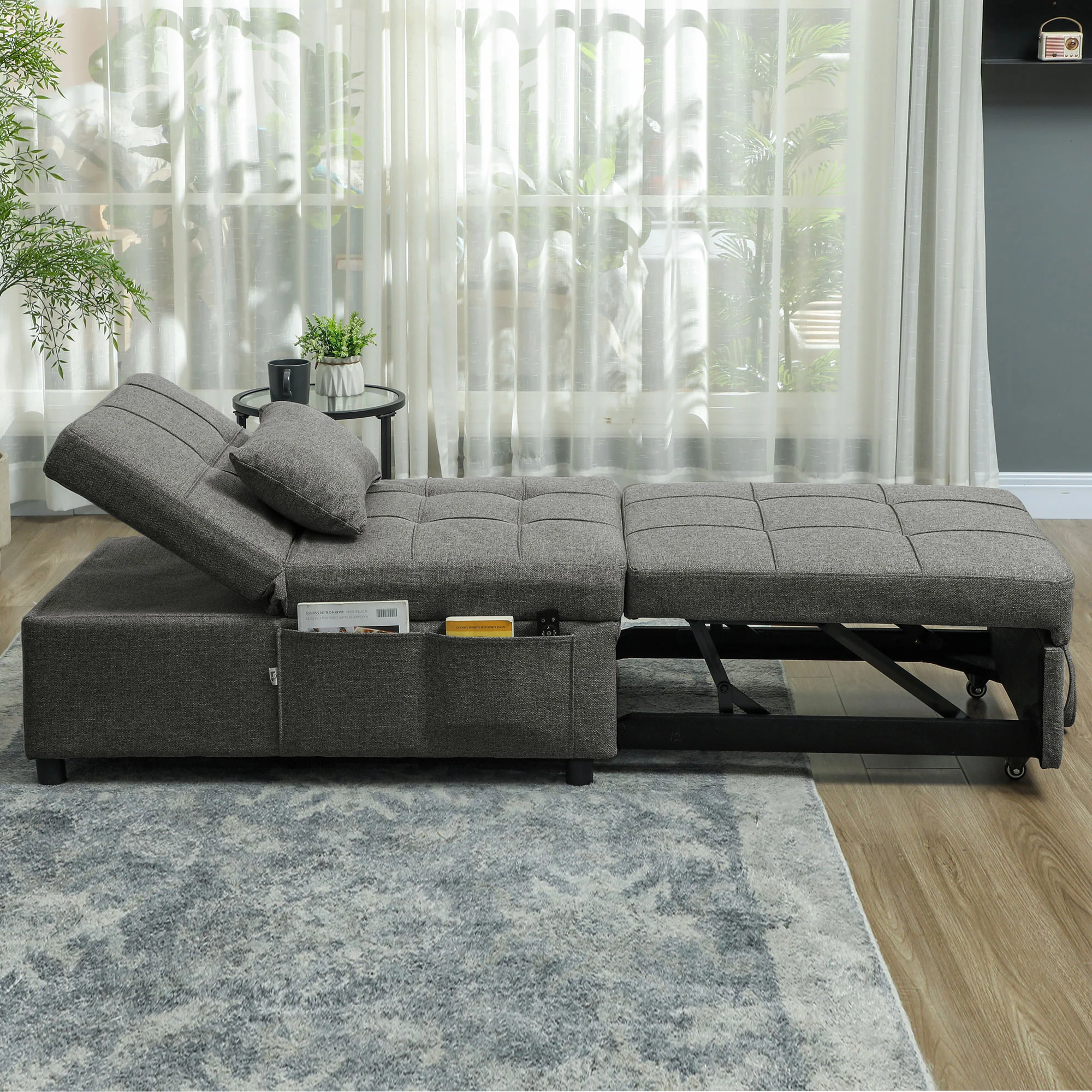 HOMCOM 4-in-1 Pull Out Sleeper Chair Bed with Pockets - Image 9