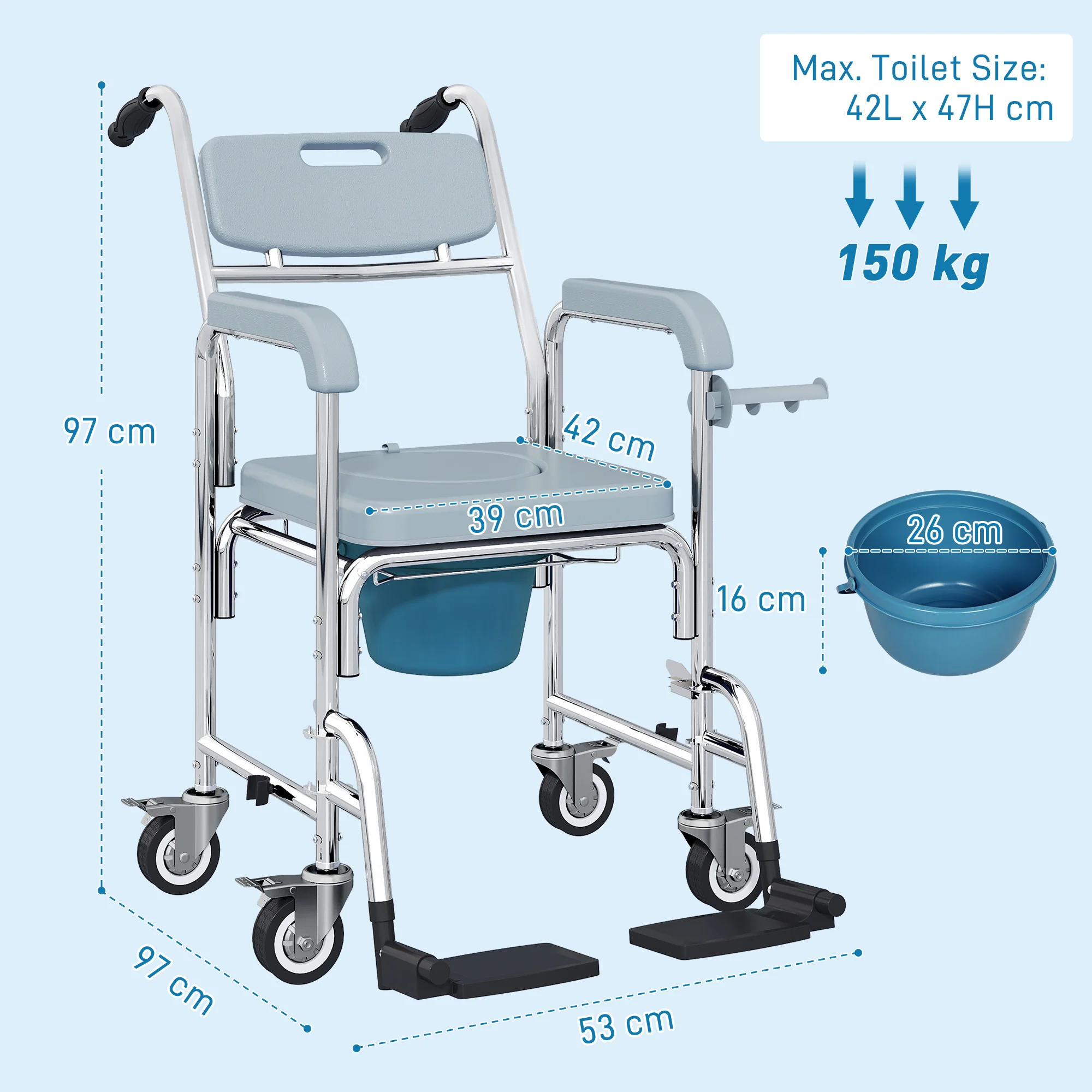 HOMCOM 4 In 1 Shower Chair With Wheels, Bedside Commode Wheelchair, Grey - Image 5
