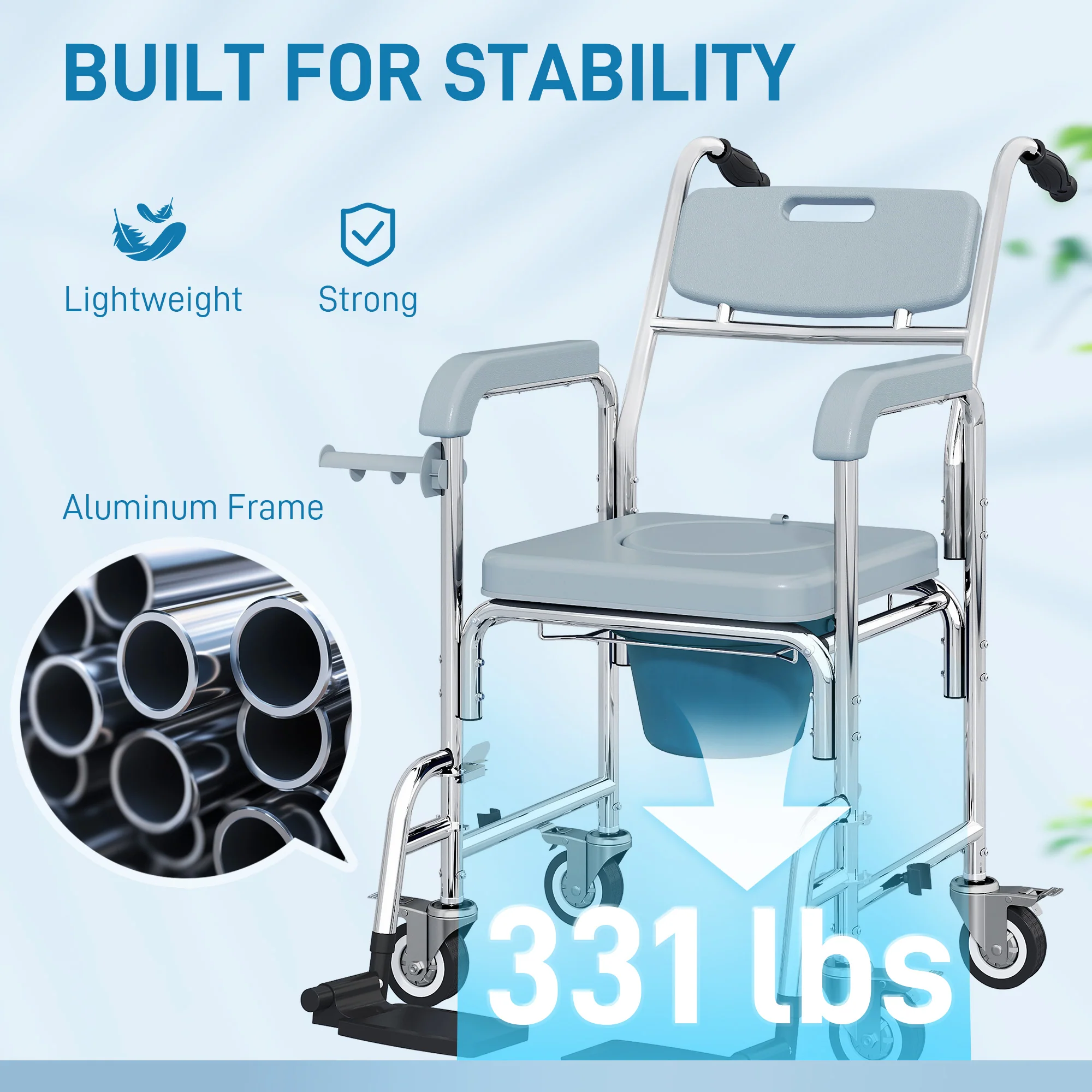 HOMCOM 4 In 1 Shower Chair With Wheels, Bedside Commode Wheelchair, Grey - Image 6