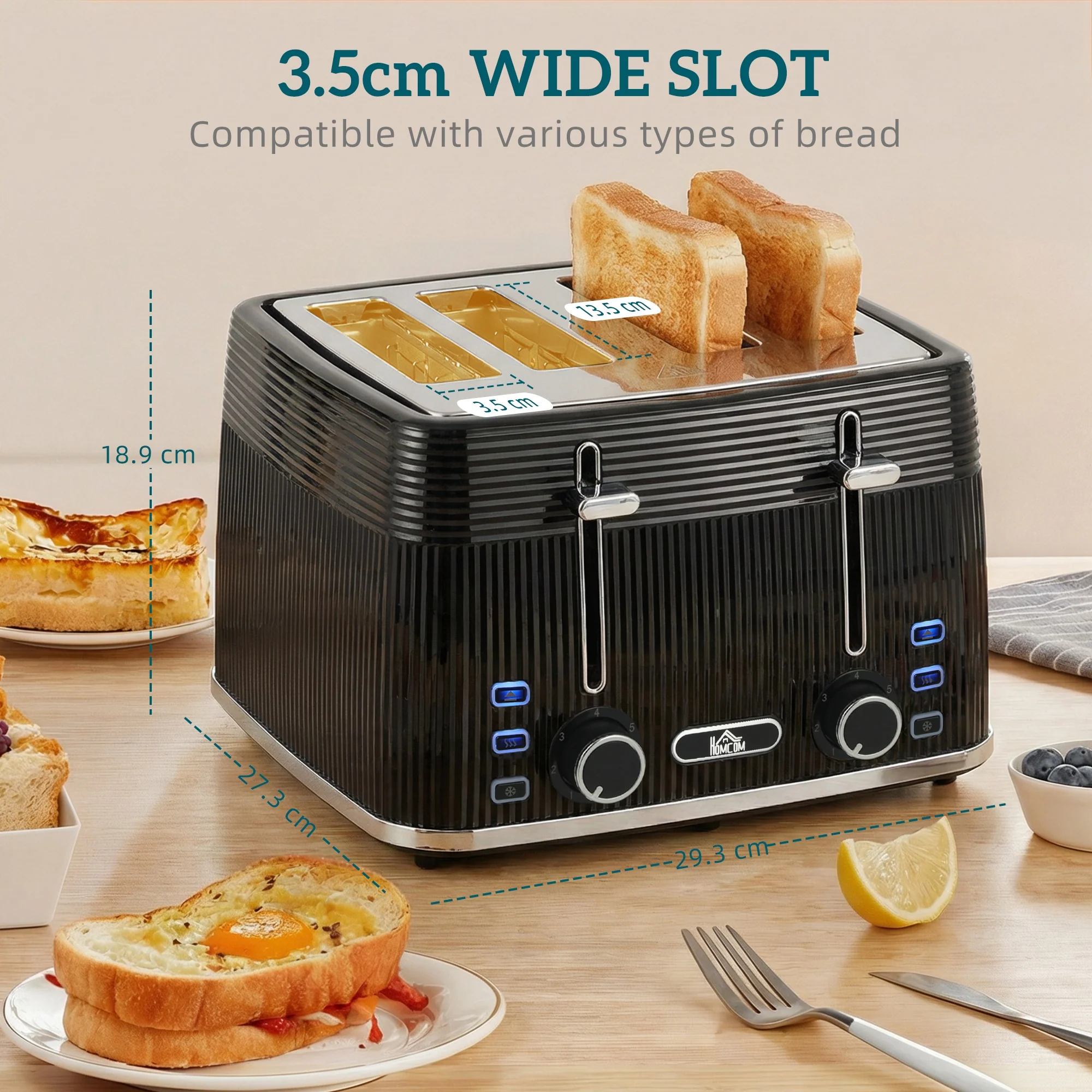 HOMCOM 4 Slice Electric Toaster with 7 Browning Levels, 1860W, Black - Image 3