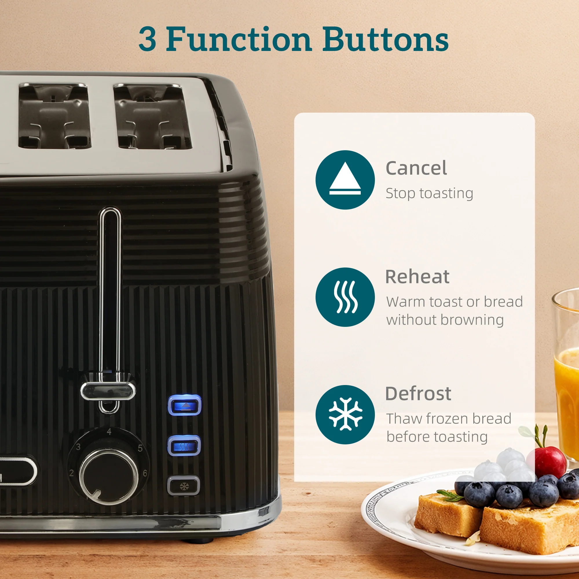 HOMCOM 4 Slice Electric Toaster with 7 Browning Levels, 1860W, Black - Image 6