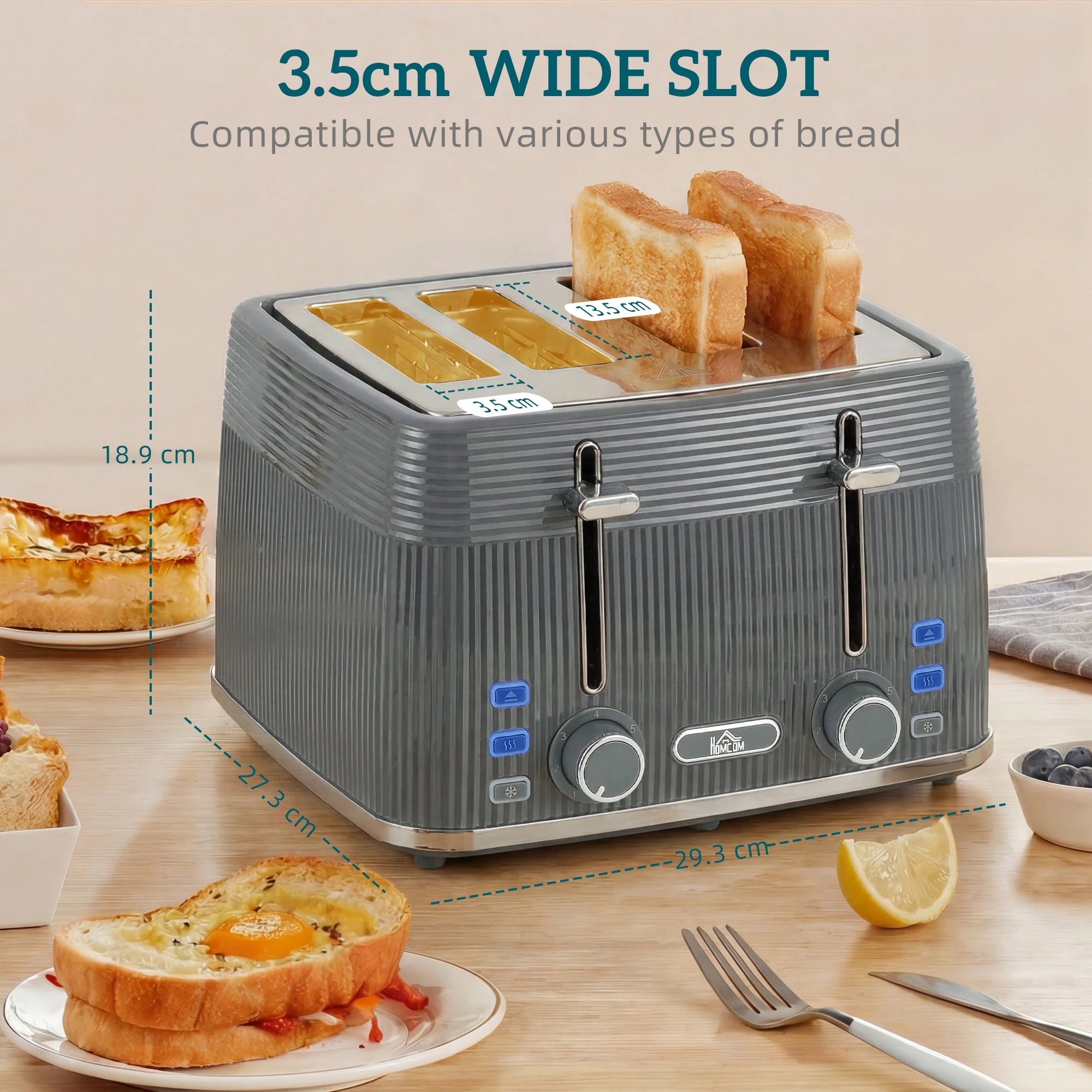 HOMCOM 4 Slice Electric Toaster with 7 Browning Levels, 1860W, Grey - Image 3