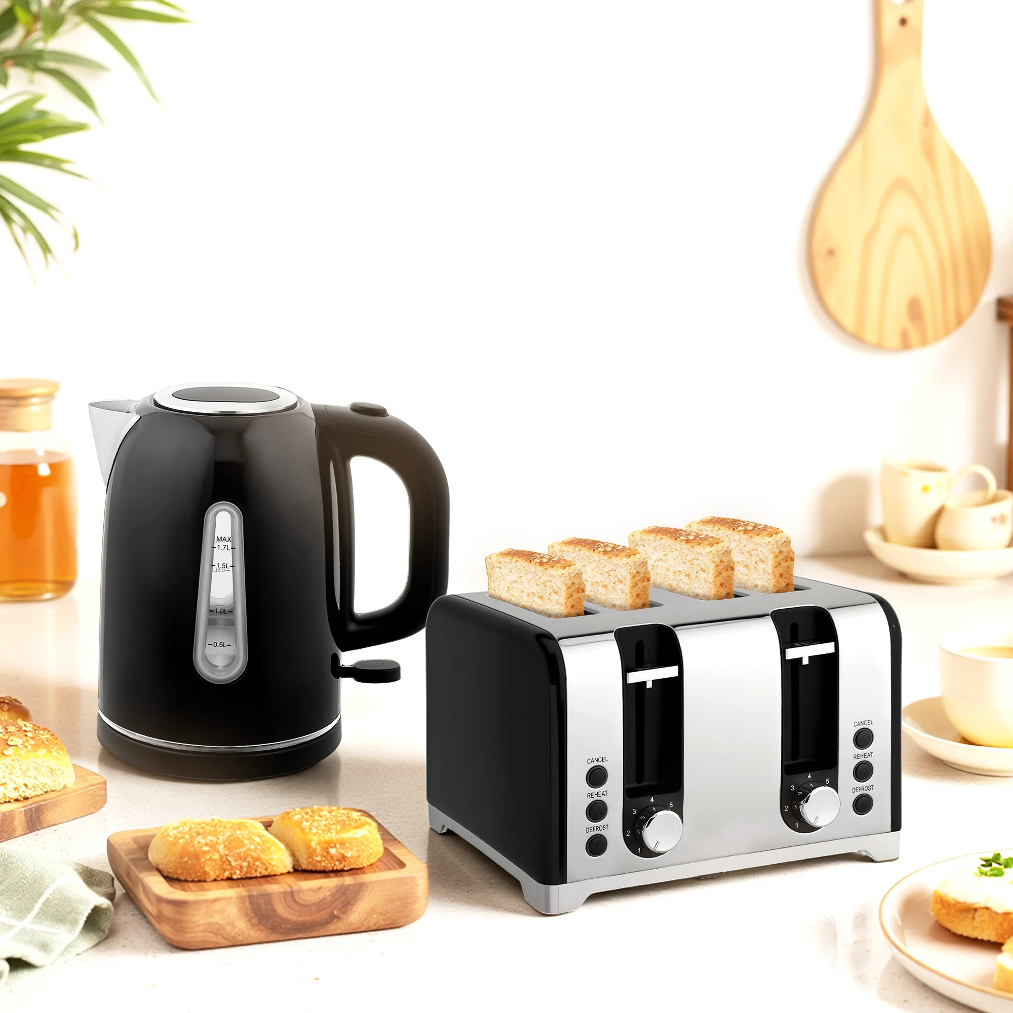 HOMCOM 4 Slice Wide Slot Toaster And 1.7L Rapid Boil Kettle Set, Black - Image 2