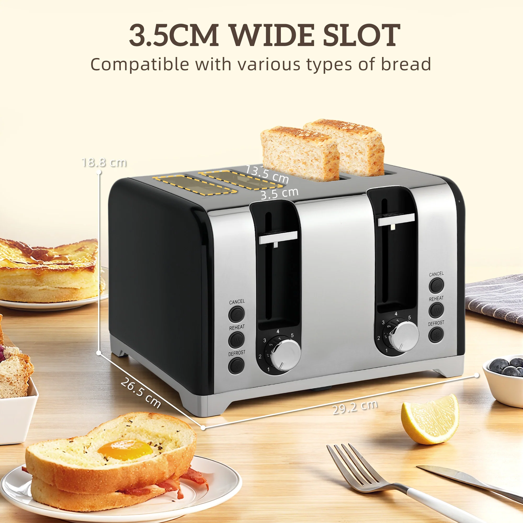 HOMCOM 4 Slice Wide Slot Toaster And 1.7L Rapid Boil Kettle Set, Black - Image 8