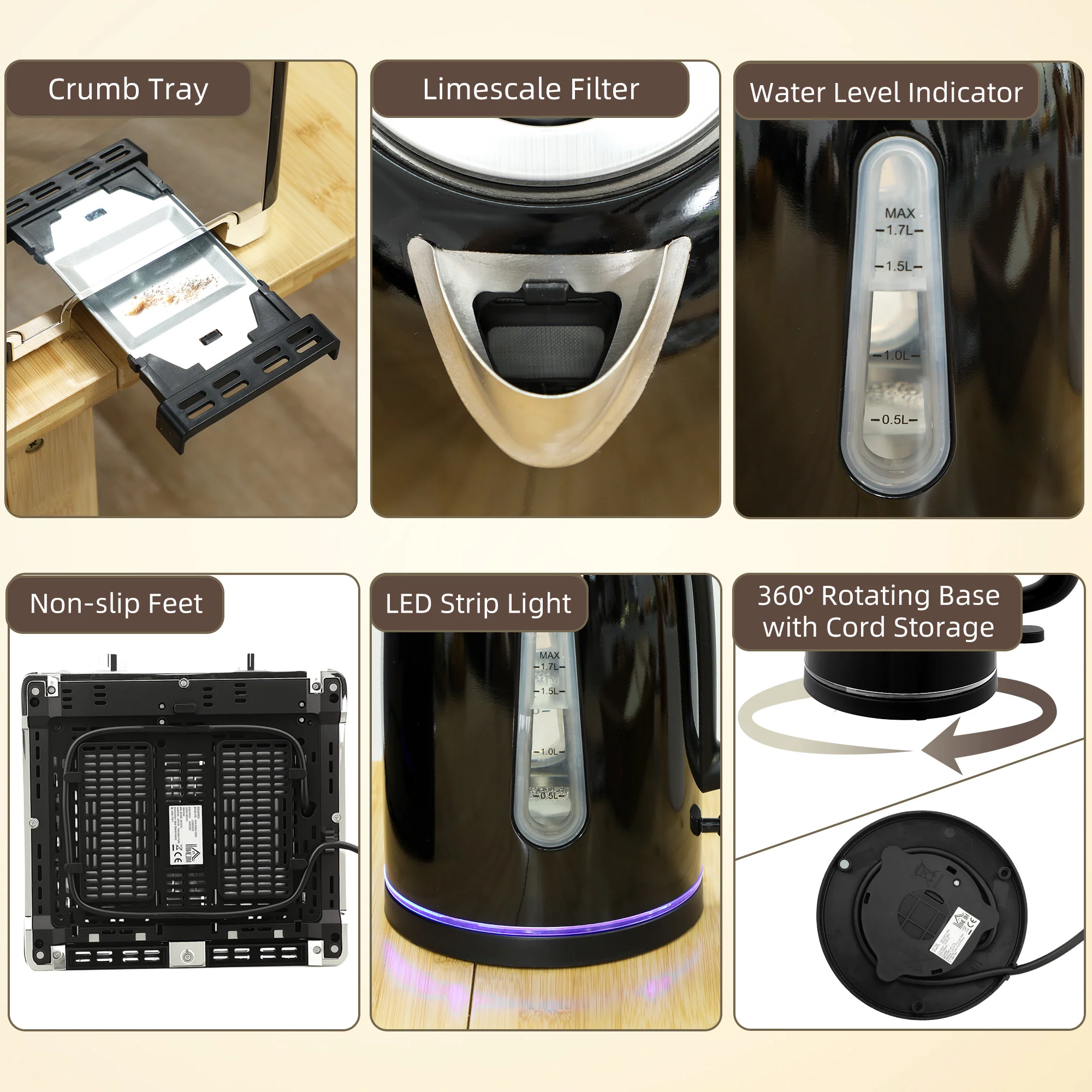 HOMCOM 4 Slice Wide Slot Toaster And 1.7L Rapid Boil Kettle Set, Black - Image 9