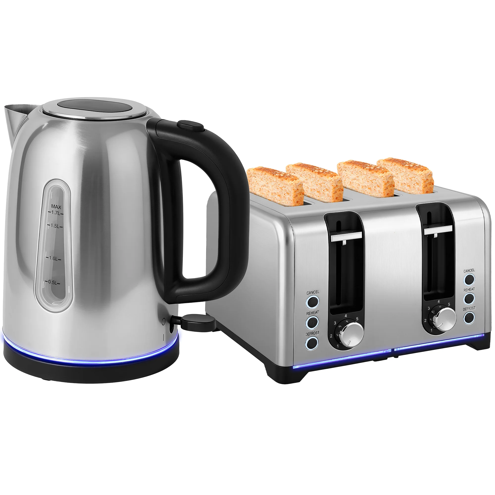 HOMCOM 4 Slice Wide Slot Toaster And 1.7L Rapid Boil Kettle Set, Silver Tone