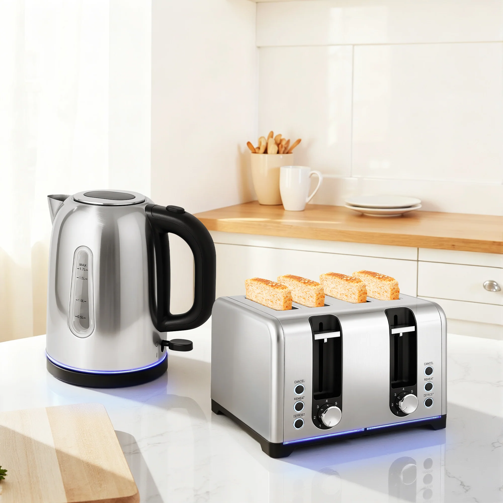 HOMCOM 4 Slice Wide Slot Toaster And 1.7L Rapid Boil Kettle Set, Silver Tone - Image 2