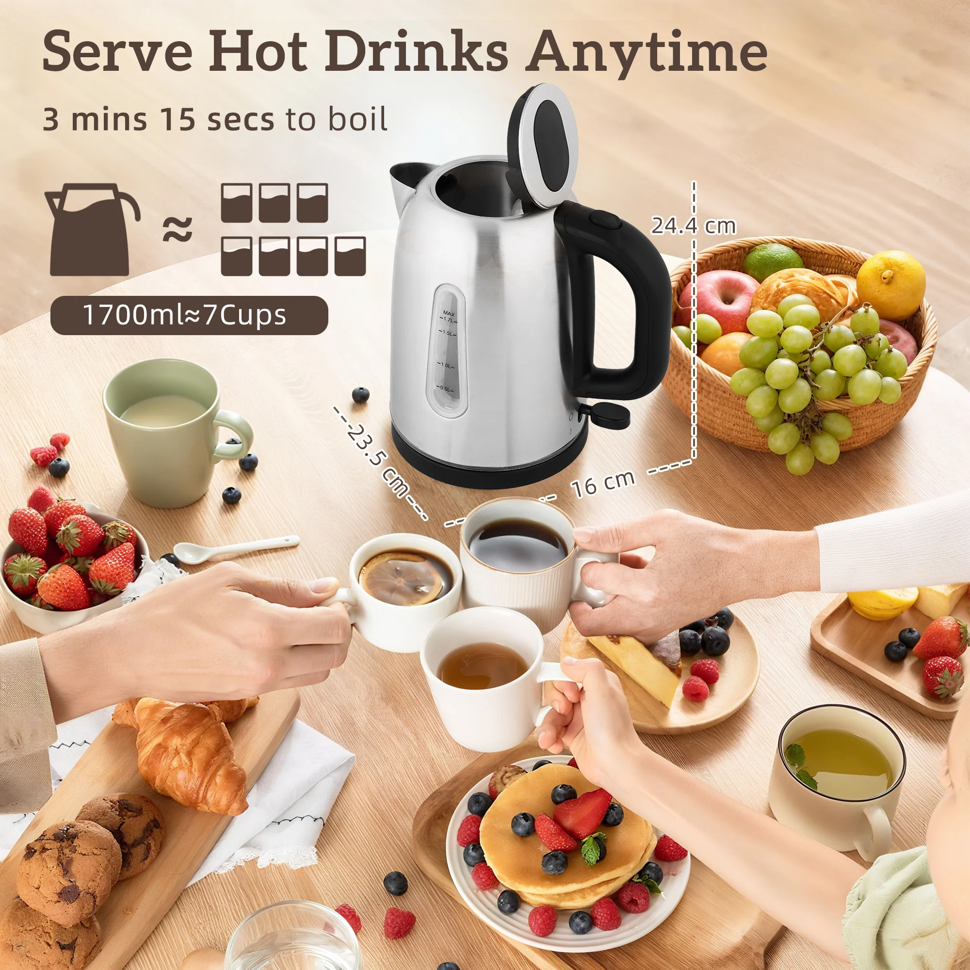 HOMCOM 4 Slice Wide Slot Toaster And 1.7L Rapid Boil Kettle Set, Silver Tone - Image 3