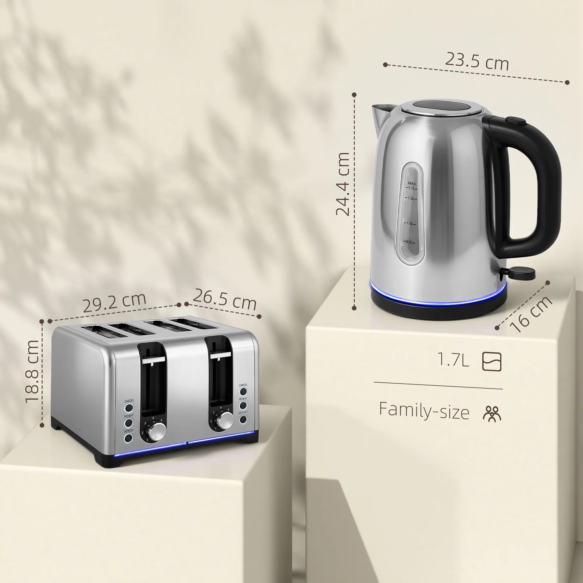 HOMCOM 4 Slice Wide Slot Toaster And 1.7L Rapid Boil Kettle Set, Silver Tone - Image 5