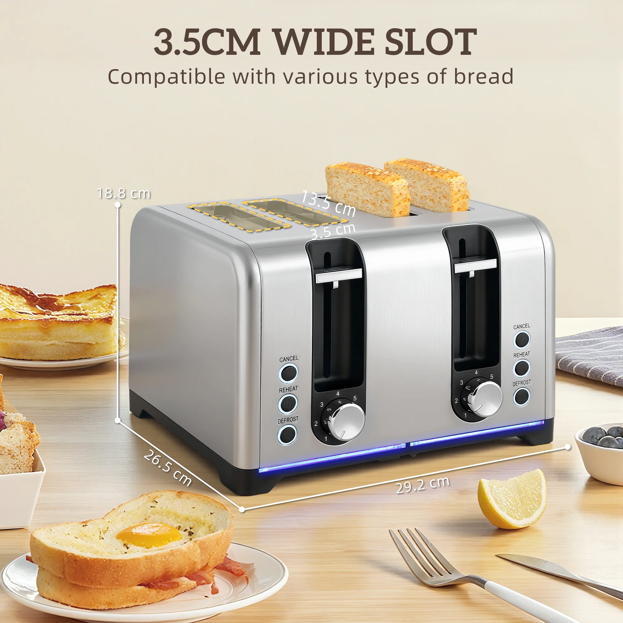 HOMCOM 4 Slice Wide Slot Toaster And 1.7L Rapid Boil Kettle Set, Silver Tone - Image 8