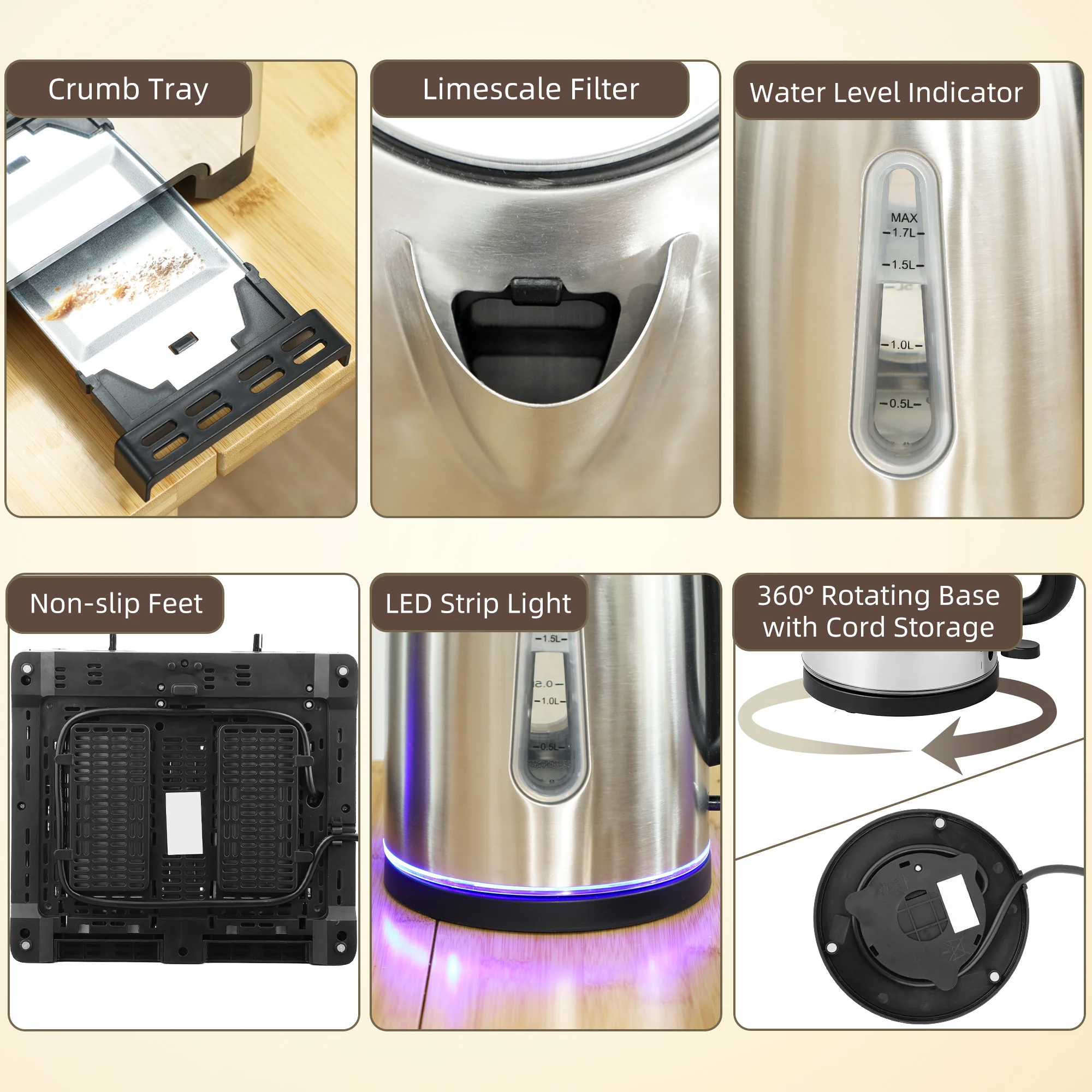 HOMCOM 4 Slice Wide Slot Toaster And 1.7L Rapid Boil Kettle Set, Silver Tone - Image 9