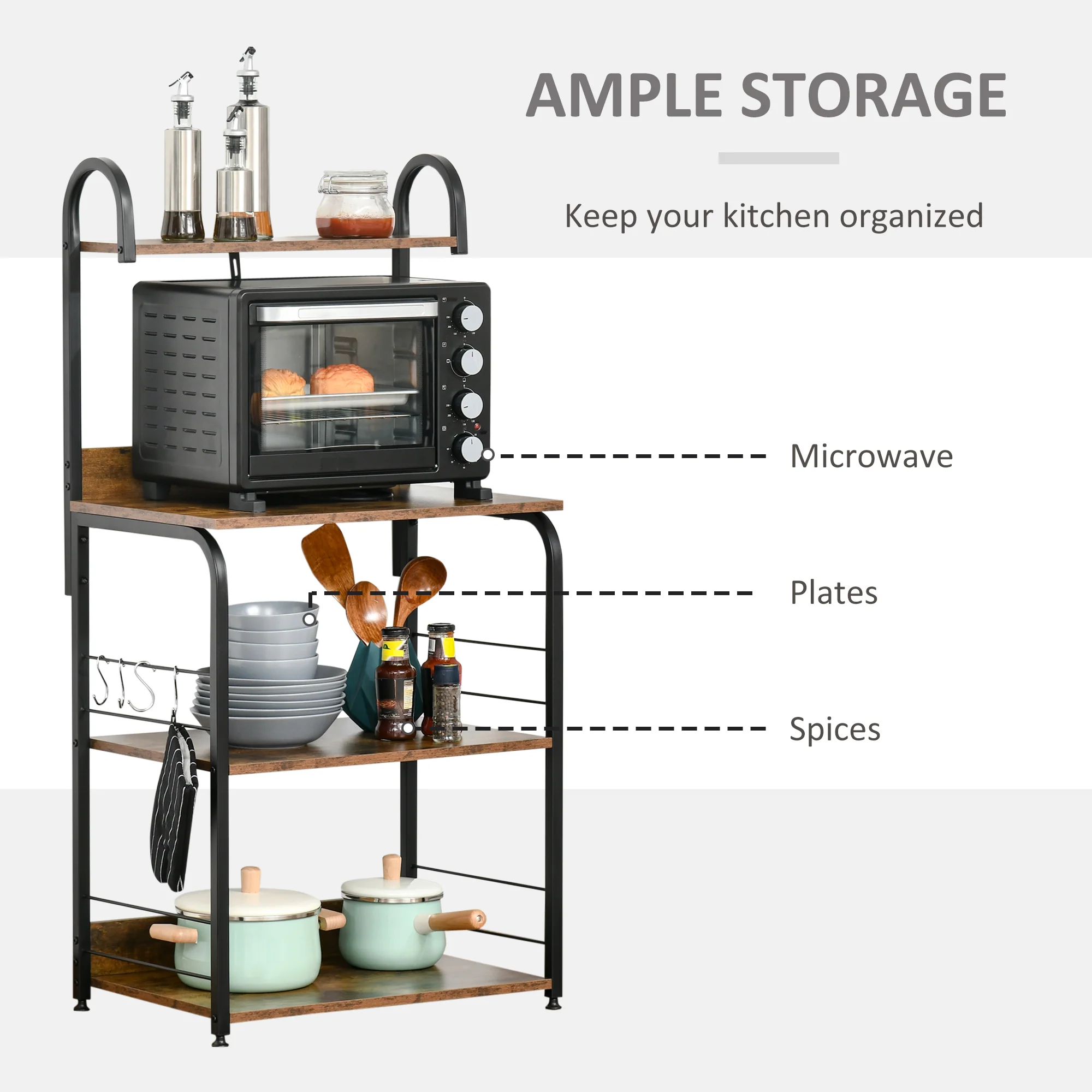 HOMCOM 4-Tier Baker's Rack with Storage, Microwave Stand with 4 Hooks - Image 3