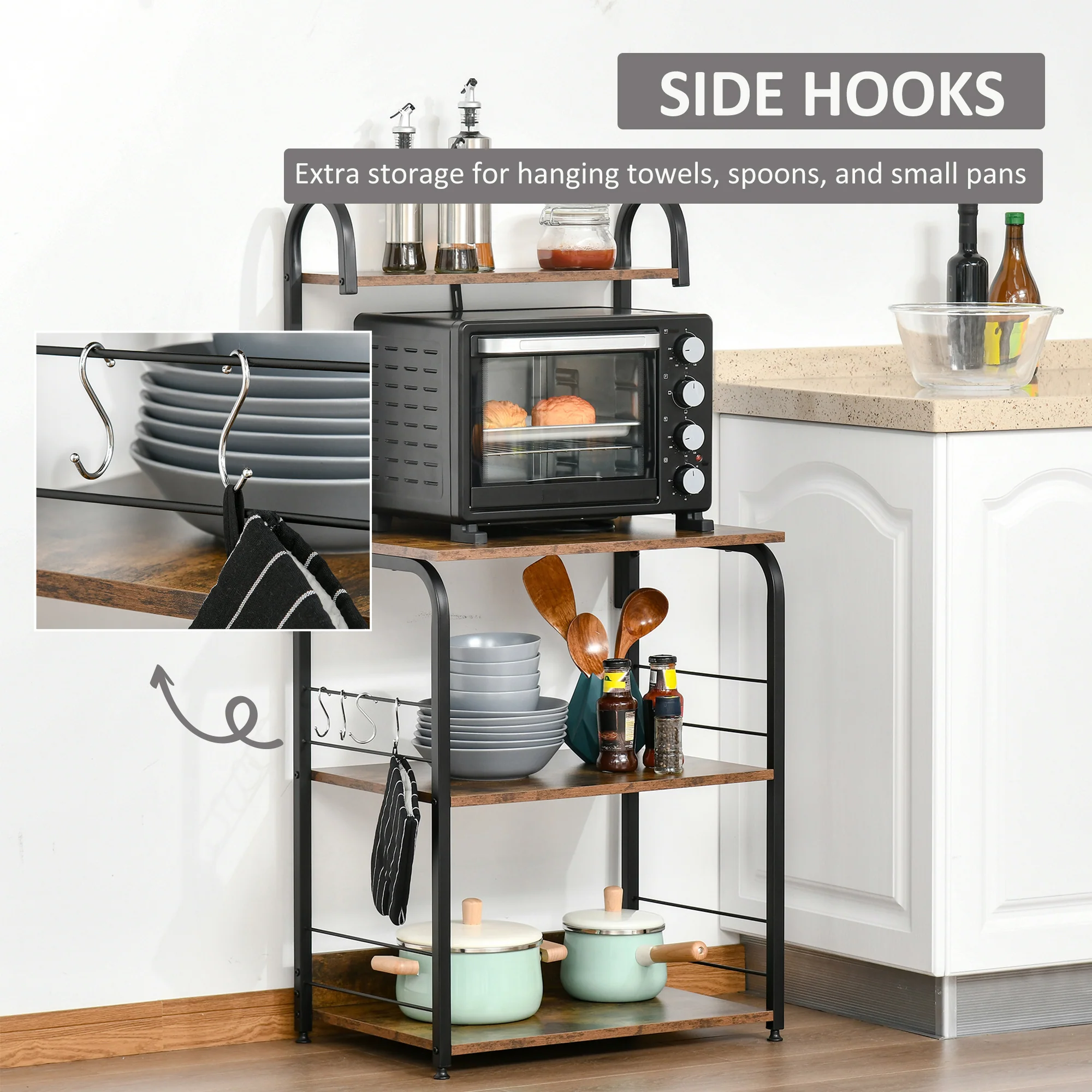 HOMCOM 4-Tier Baker's Rack with Storage, Microwave Stand with 4 Hooks - Image 4