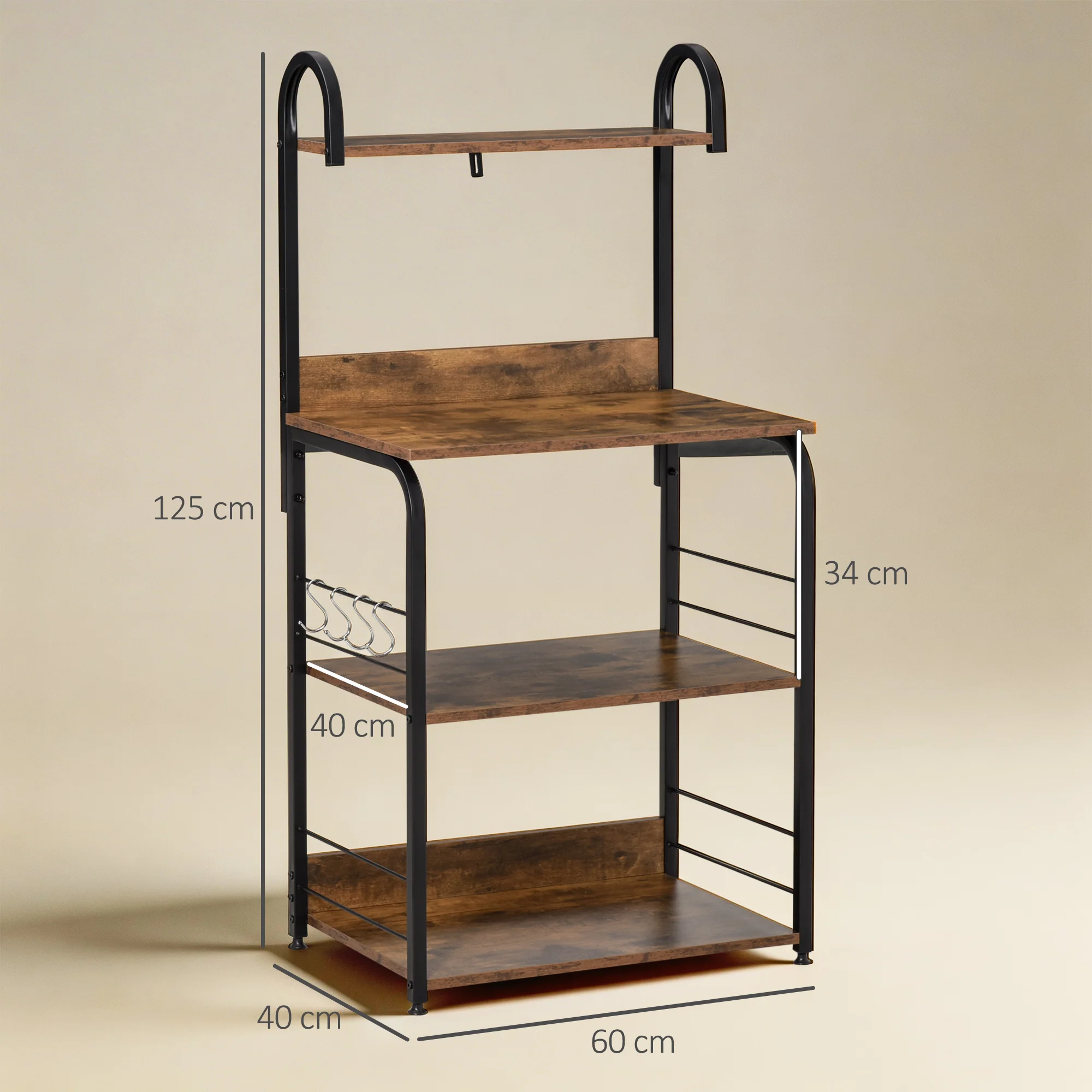 HOMCOM 4-Tier Baker's Rack with Storage, Microwave Stand with 4 Hooks - Image 5